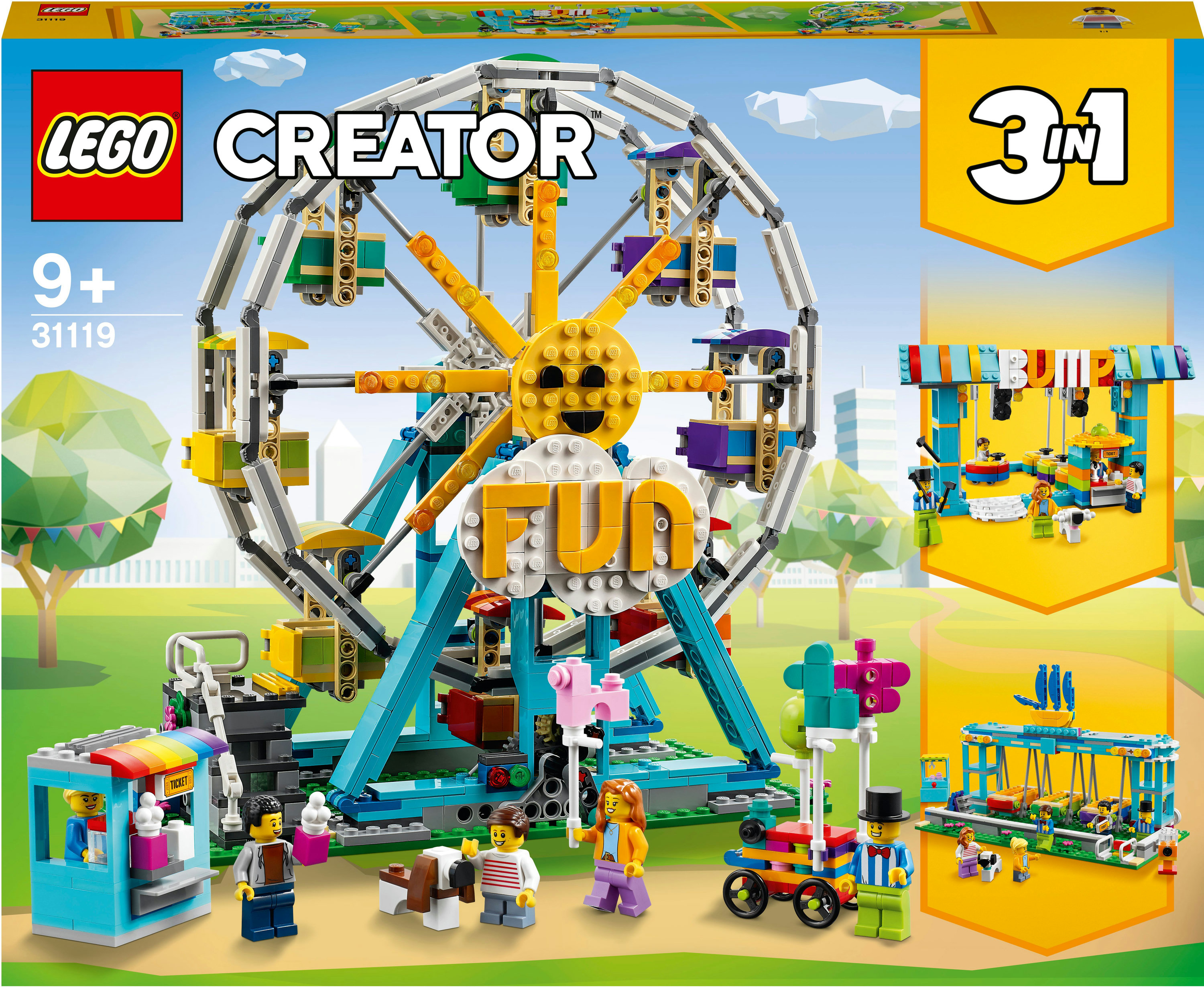 Set Lego Creator ruota panoramica, scatola e modello completo con minifigure su sfondo verde.