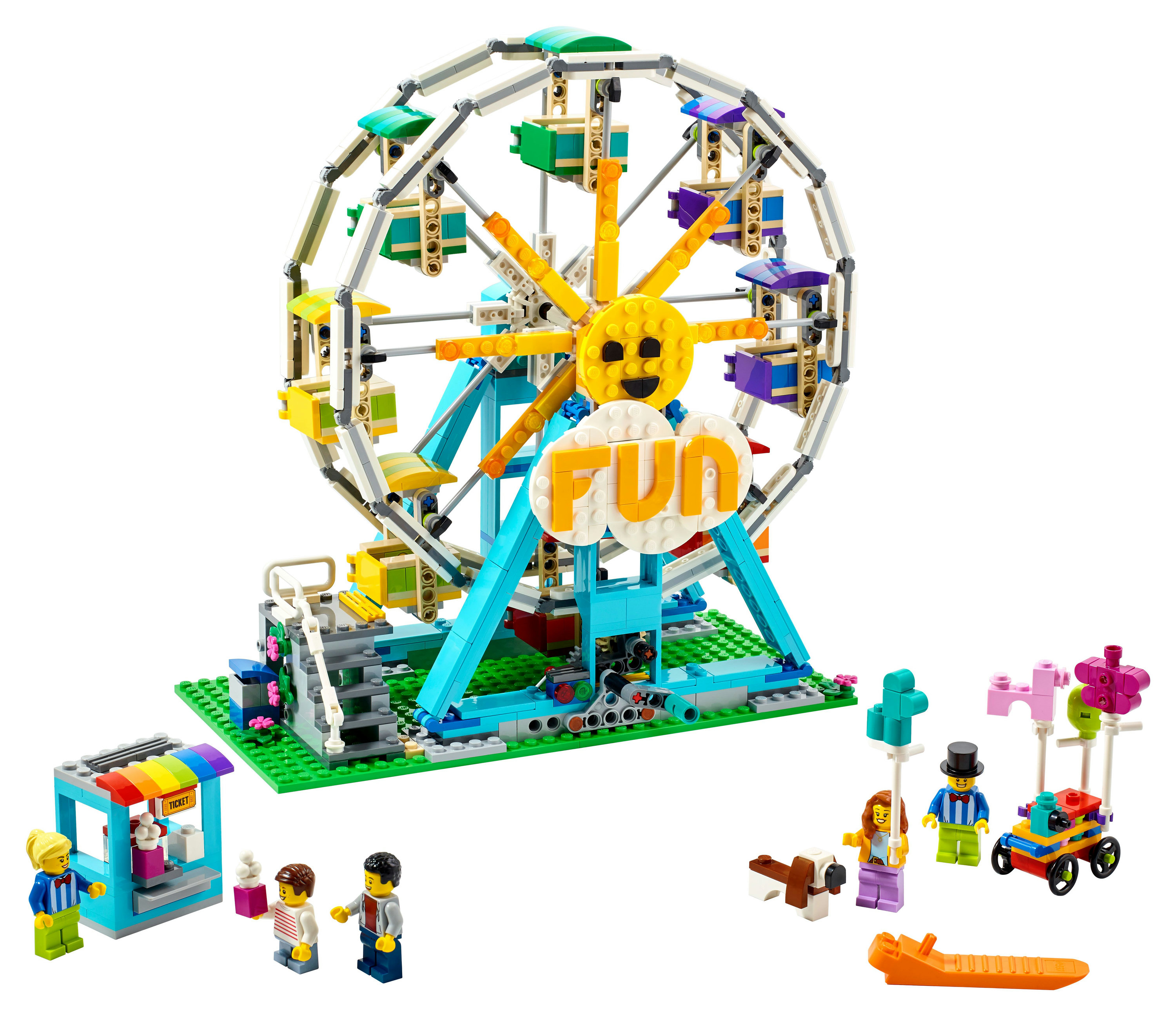 Set LEGO ruota panoramica con personaggi. Ha un sole, una biglietteria e più cabine.