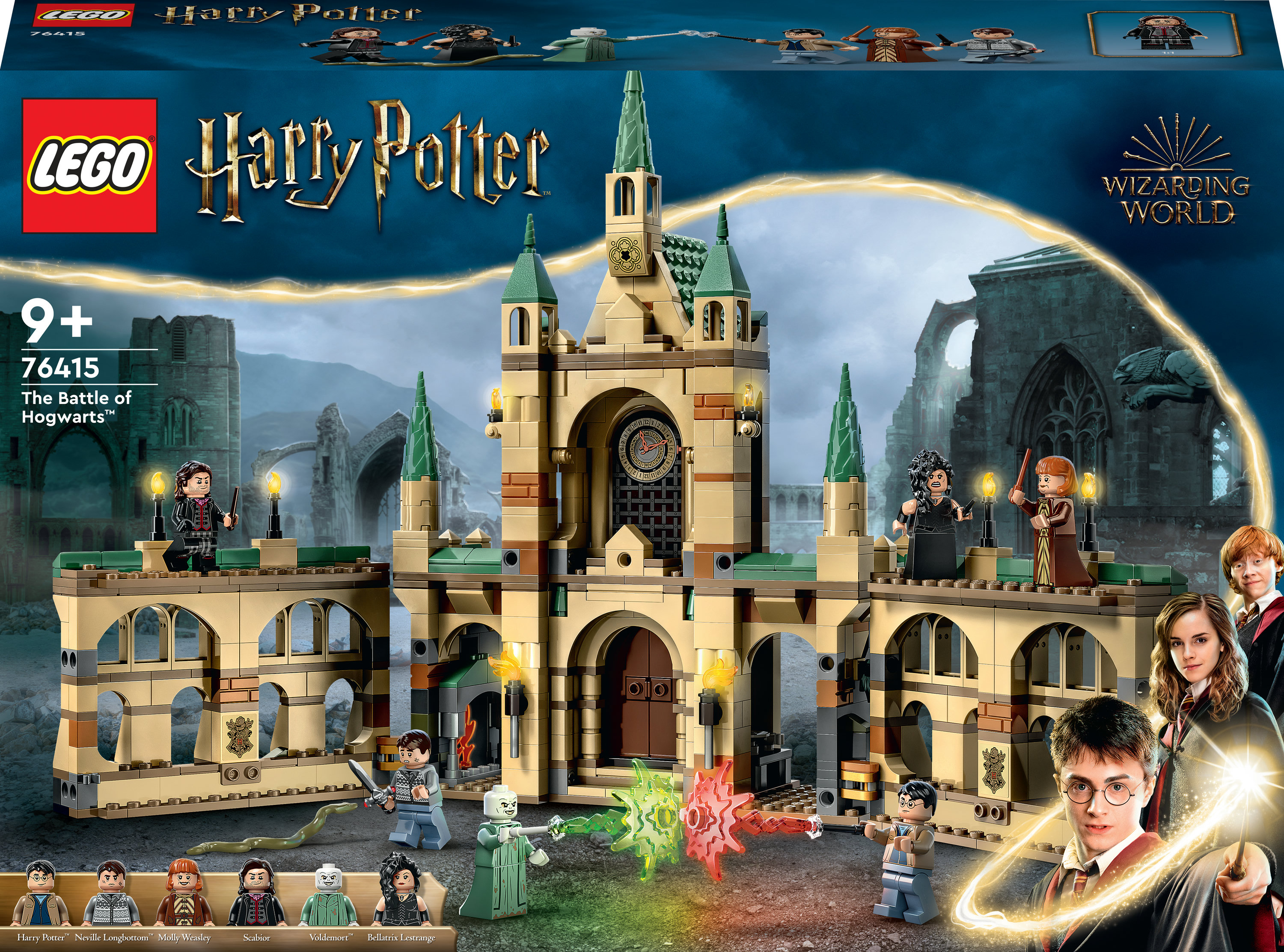 Lego-Set von Hogwarts Castle mit Charakteren wie Harry Potter, Ron und Voldemort. Box-Bild.