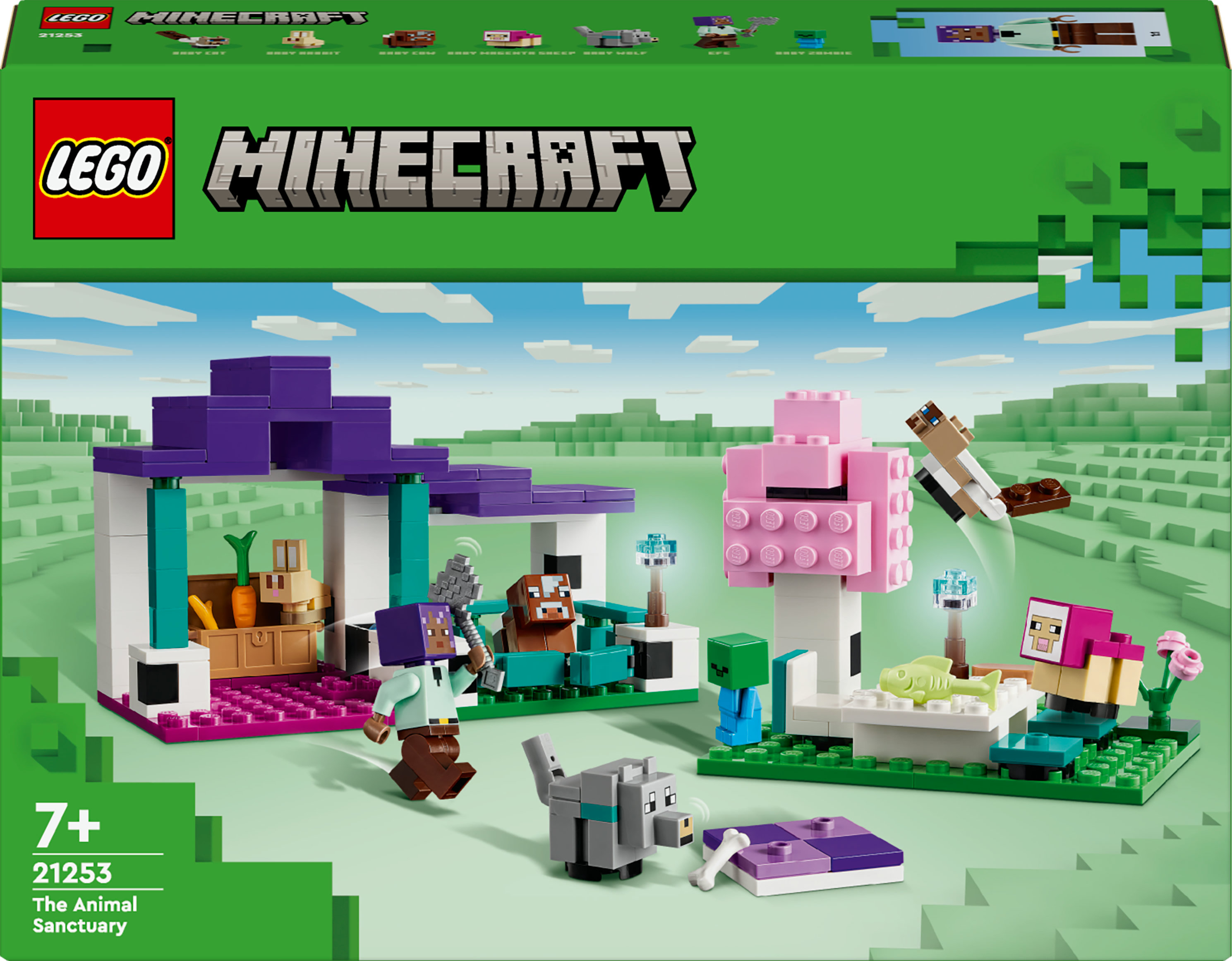 Scatola del set Lego Minecraft, che mostra una scena colorata con personaggi, edifici e animali, su una base verde.