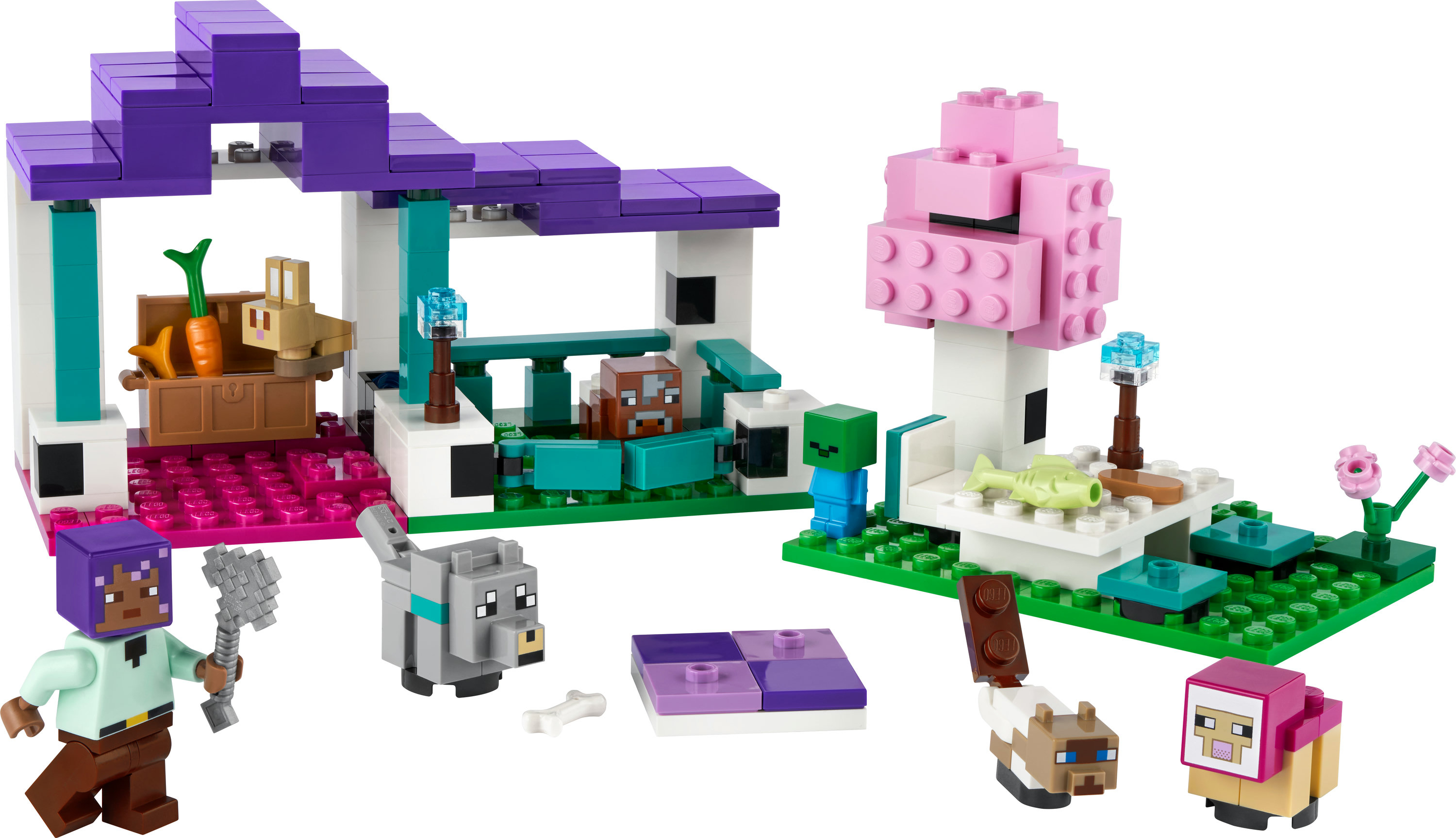 Set LEGO Minecraft con casa, albero e personaggi e animali.
