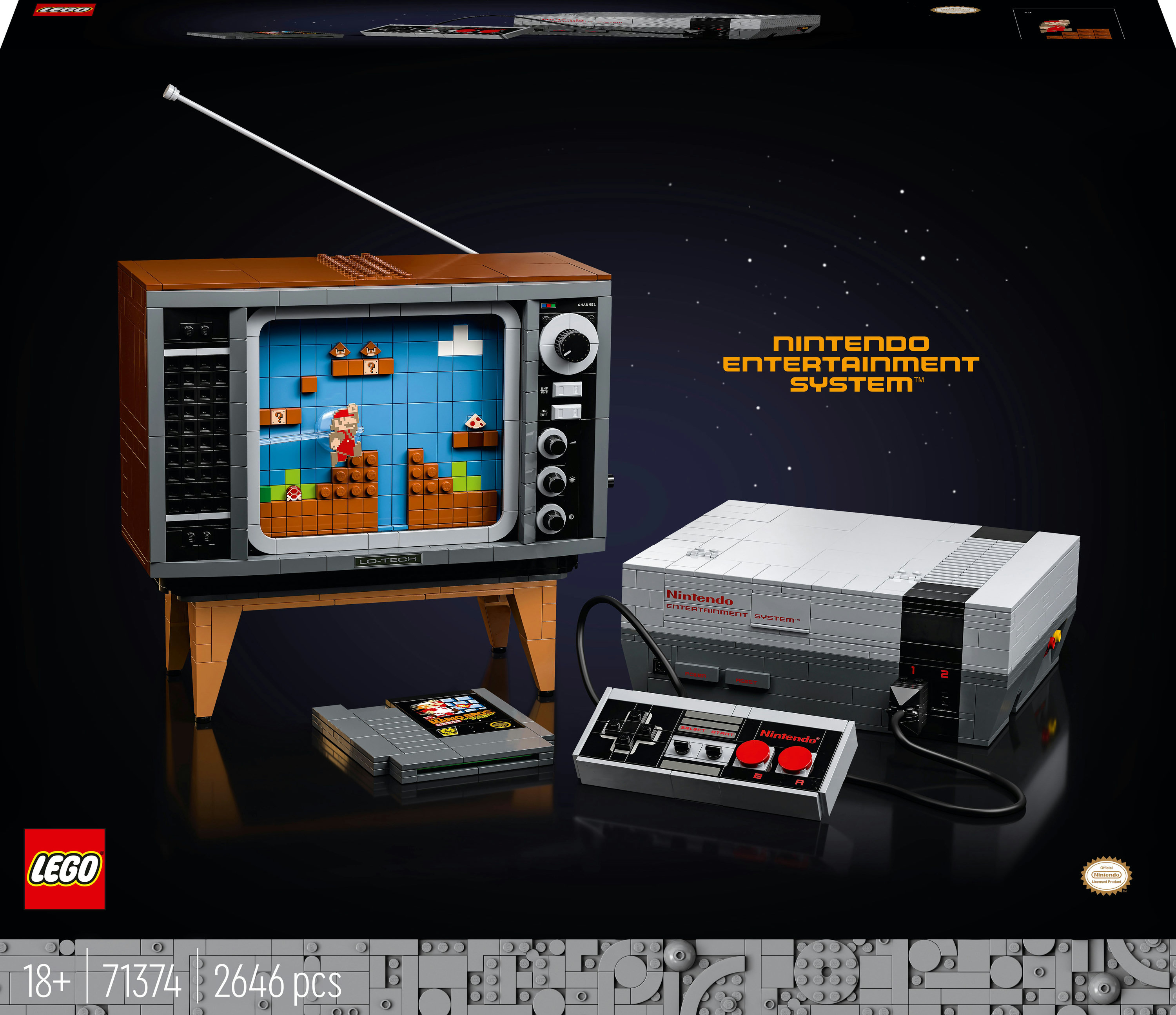 Zestaw Lego Nintendo Entertainment System. TV, konsola, kontroler i kartridż do gier.