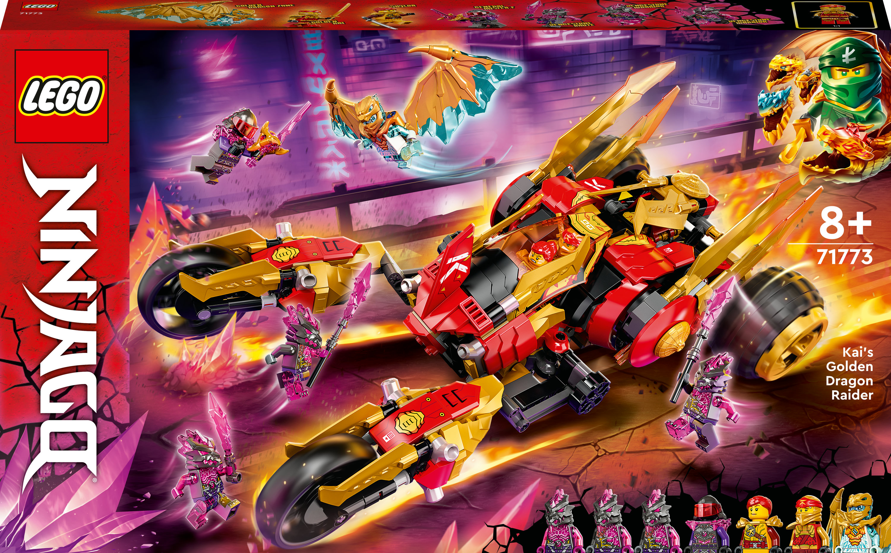 Set Lego Ninjago: il Raider del Drago d'Oro di Kai con personaggi e design rosso e oro.