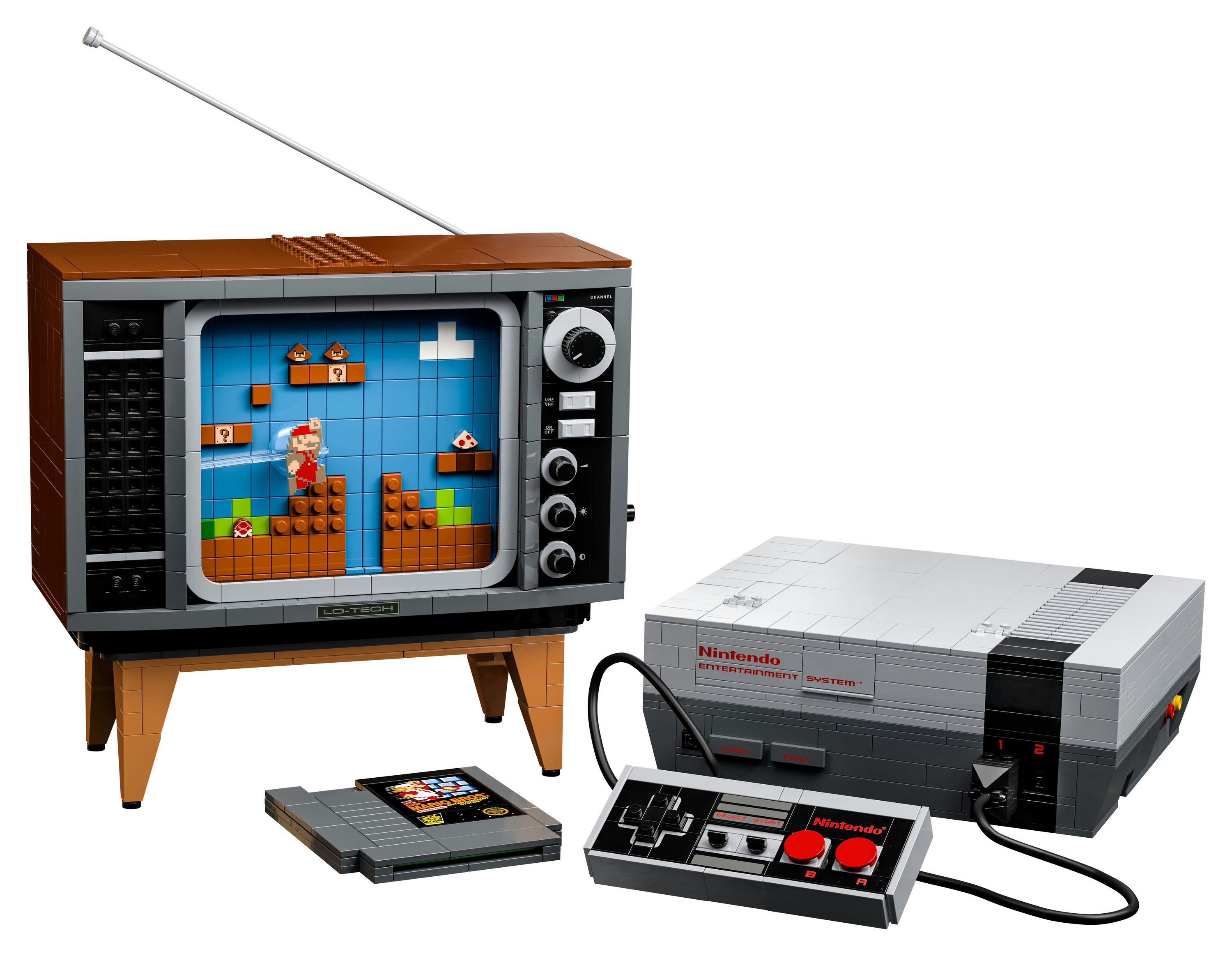 Zestaw Lego z telewizorem retro, konsolą Nintendo, kontrolerem i kartridżem ze sceną Mario.