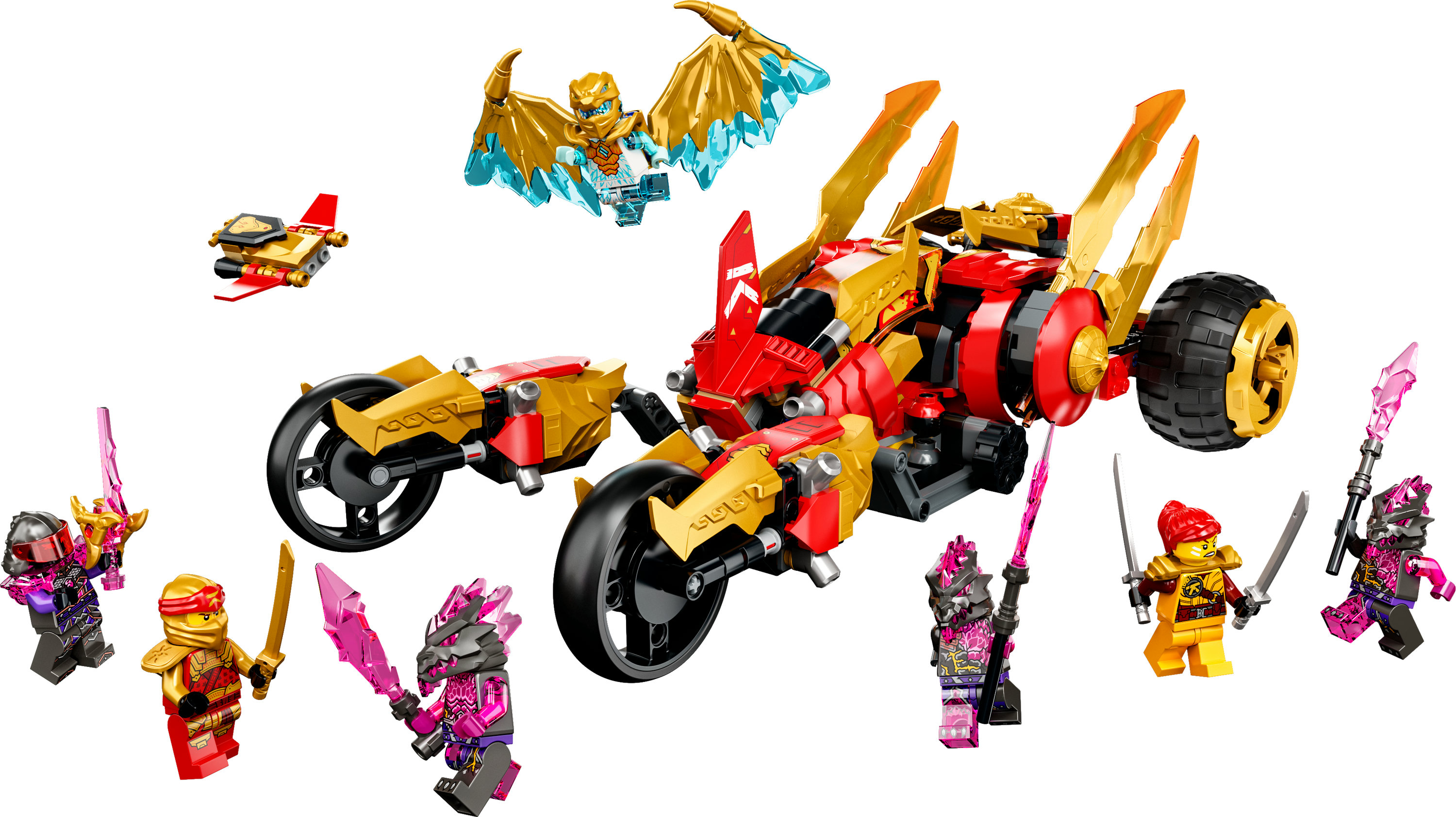 Set Lego Ninjago con moto rossa e oro, personaggi con armi e un drago.