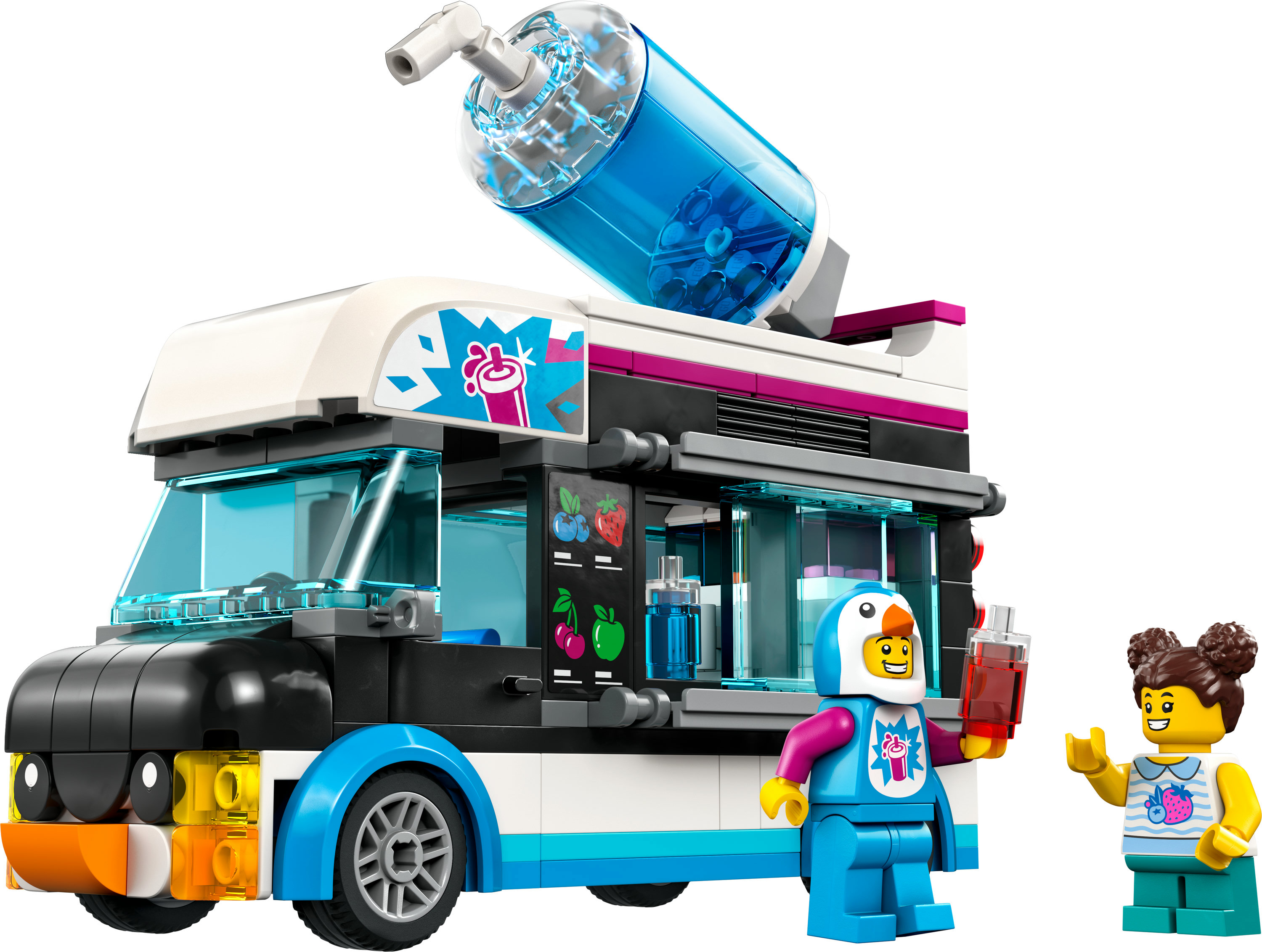 Lego-Eiswagen mit Figuren. Eine Figur hält ein Getränk. Eine andere Figur steht.