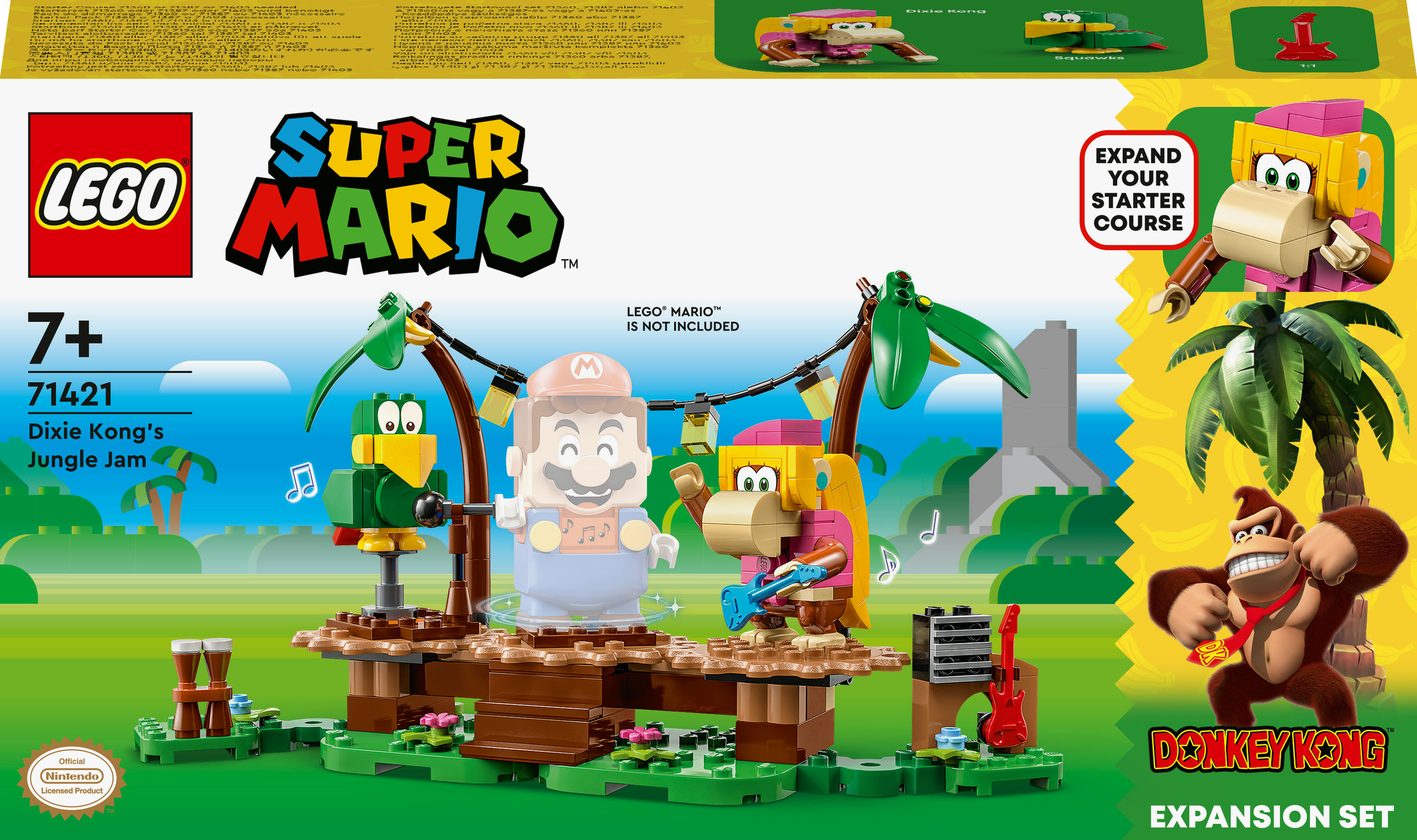 Een Lego Super Mario Dixie Kong's Jungle Jam uitbreidingsset, met Donkey Kong en andere figuren.
