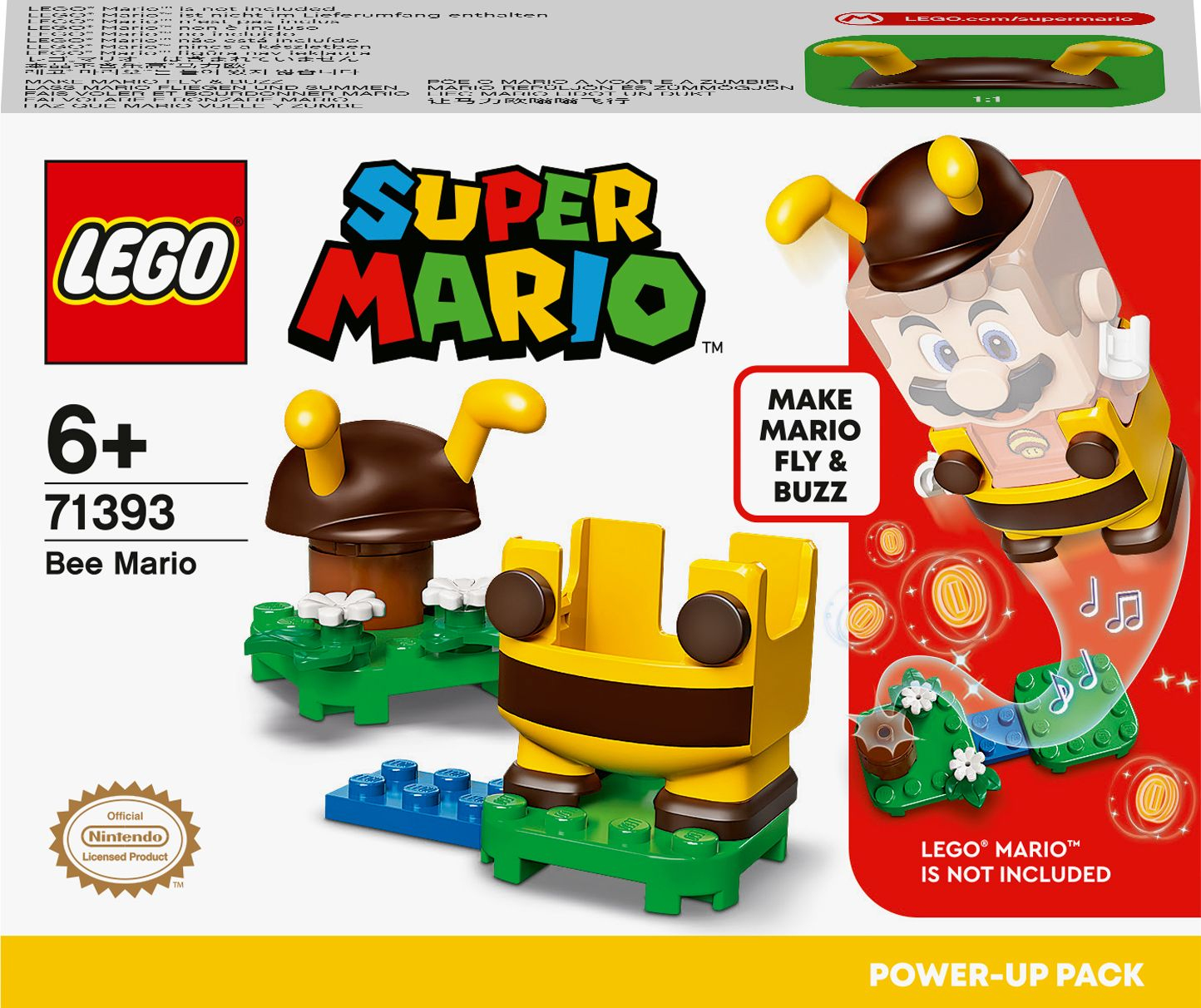 Set Lego Super Mario con un personaggio di Mario a tema ape e accessori su una base verde.