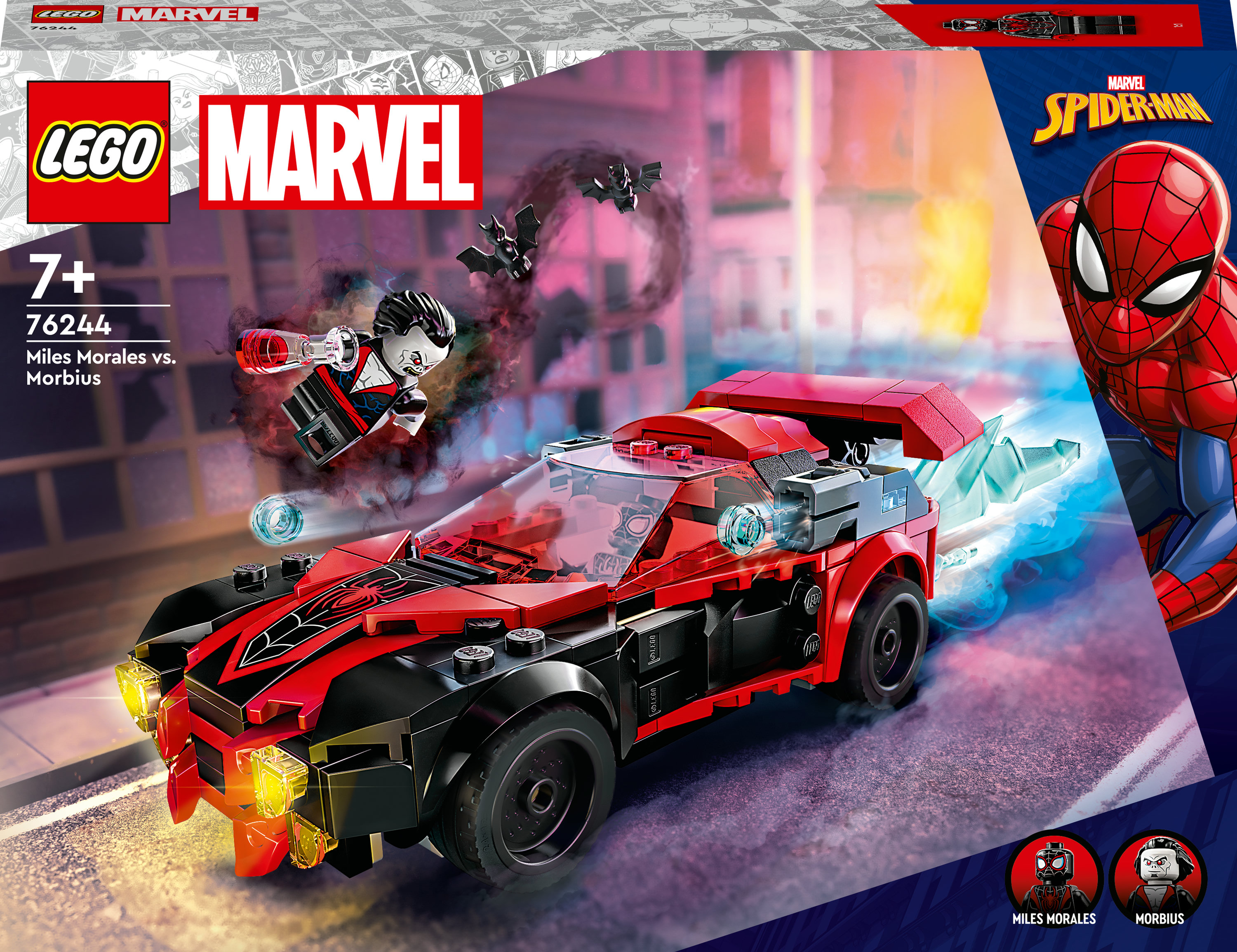 Lego Marvel Set: Miles Morales vs. Morbius. Enthält ein Auto und zwei Minifiguren. Rotes und schwarzes Thema.