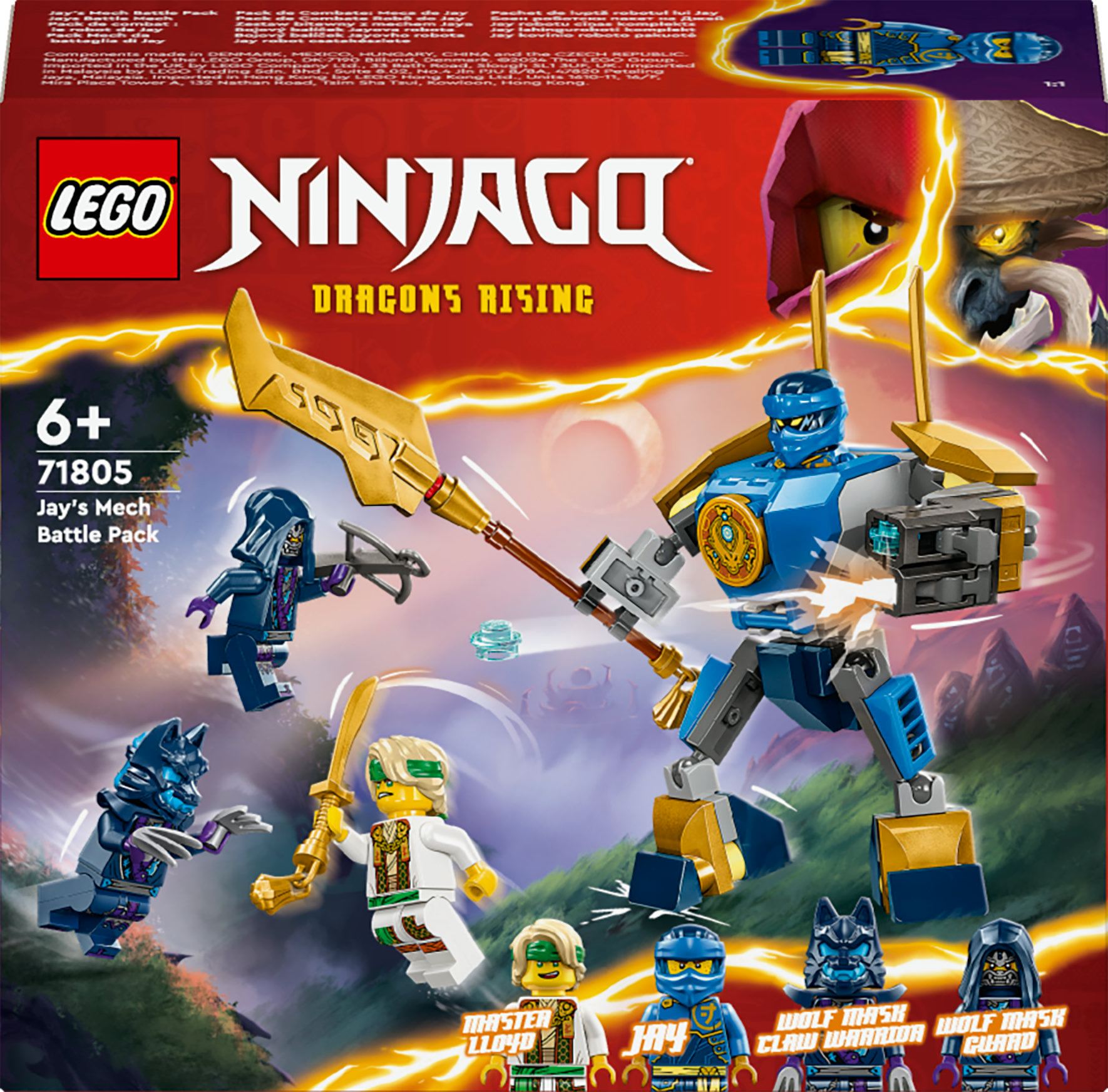 Een Lego Ninjago doos toont een gevecht met figuren en een mech tegen een storm.