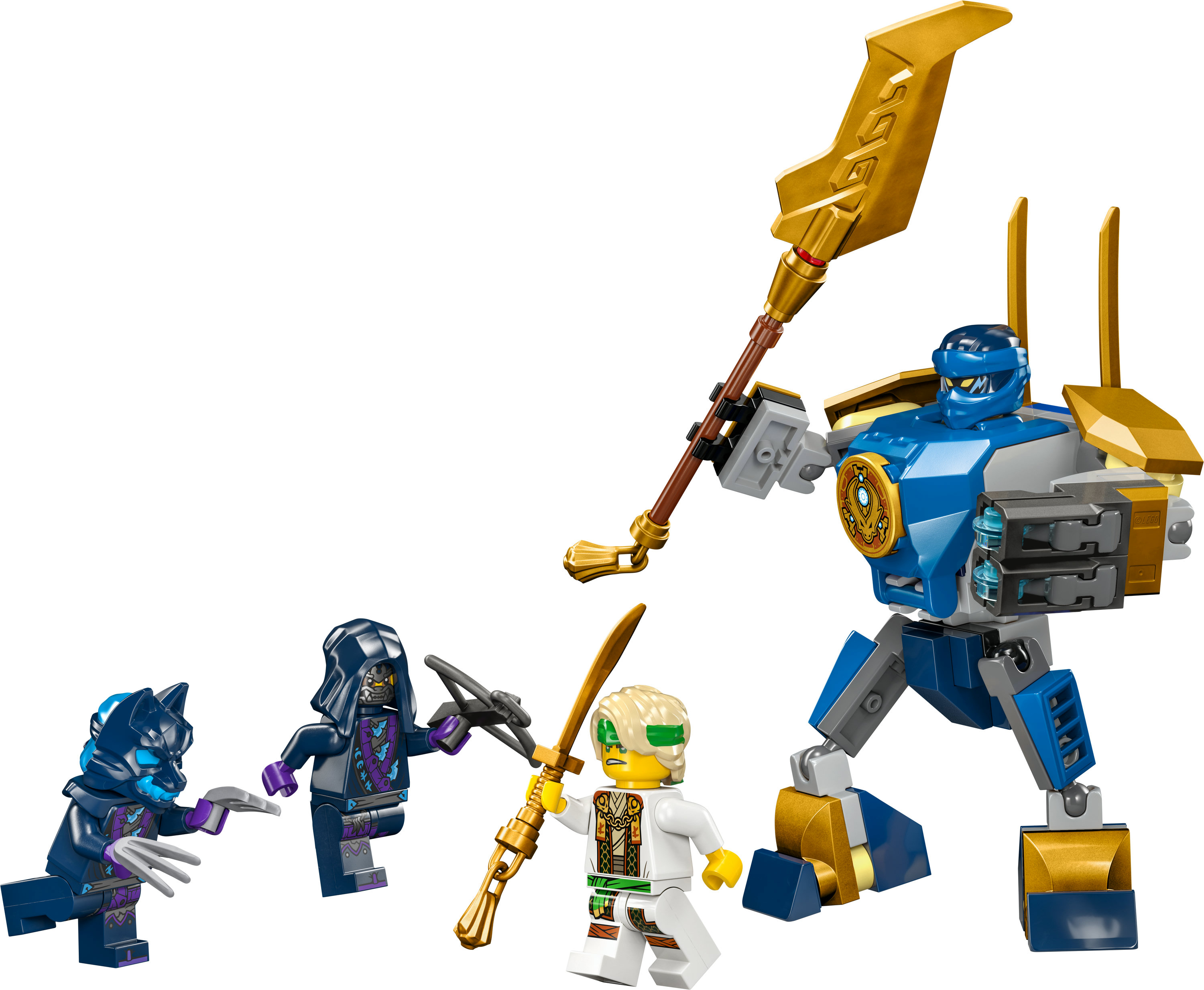 Lego Ninjago set met figuren, waaronder een blauwe mech en verschillende ninja-personages.