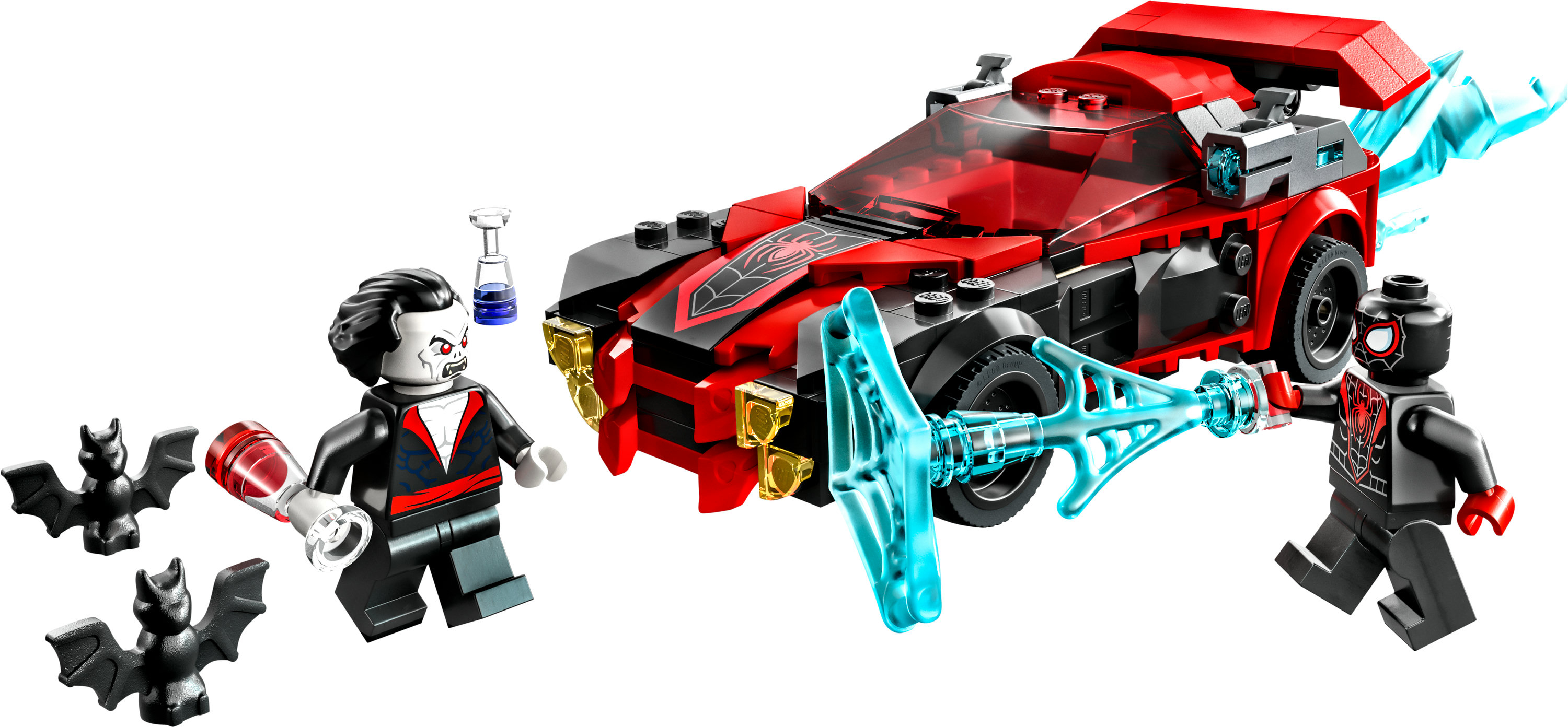 Lego-Set mit einem rot-schwarzen Sportwagen mit Vampir- und Fledermausfiguren.