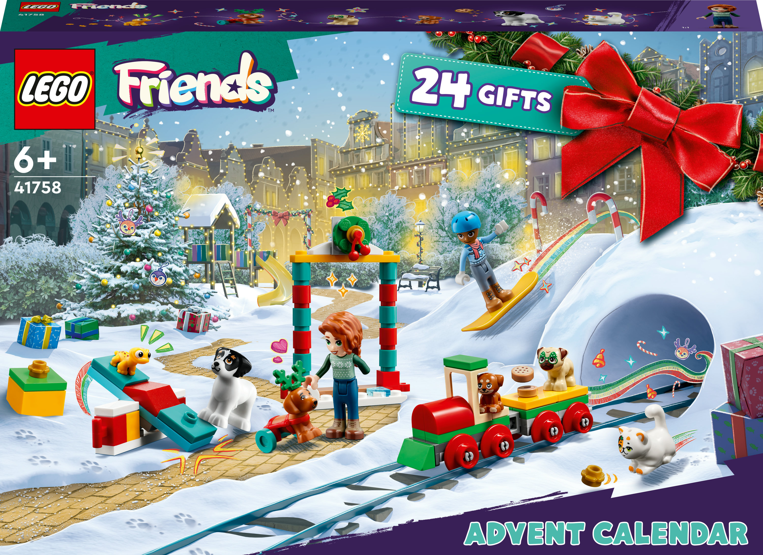 Lego Friends adventskalender met winterlandschap en figuren.