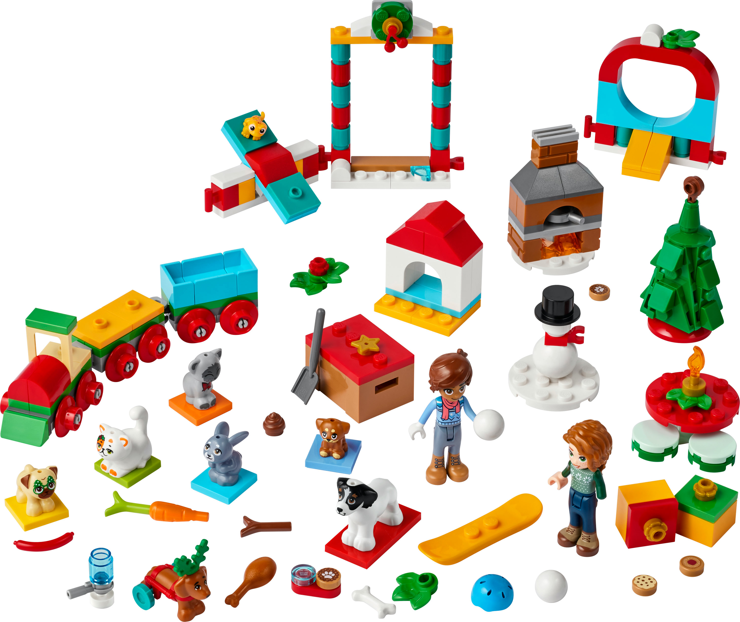 Een Lego Duplo kerstset. Er zijn figuren, dieren en andere kerstitems.