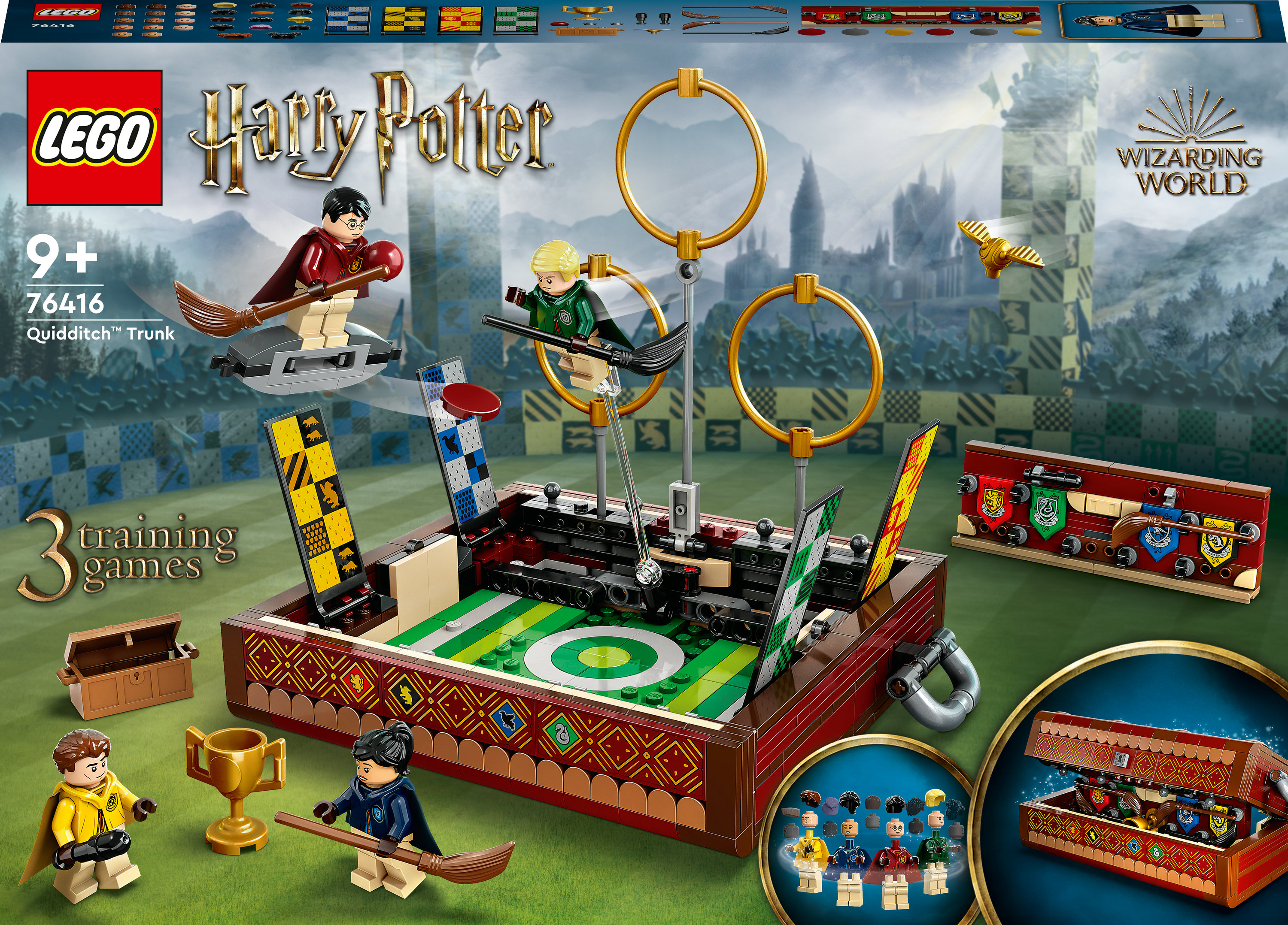 Zestaw Lego Harry Potter Quidditch Trunk z figurkami i akcesoriami. Kufer jest otwarty.