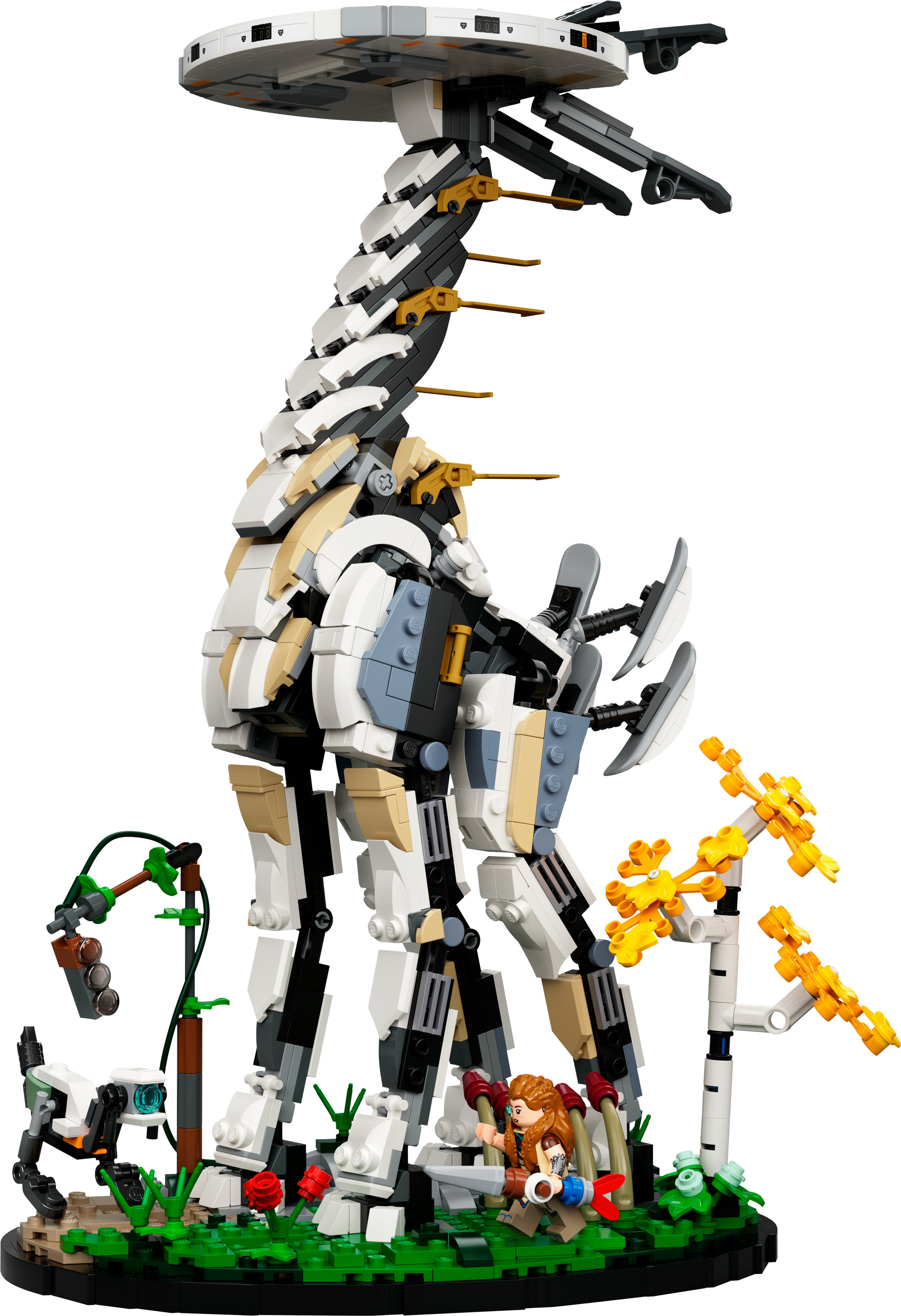 Ein LEGO Set zeigt eine hohe Roboter-Kreatur aus Horizon Zero Dawn, stehend auf einer Basis mit Laub.