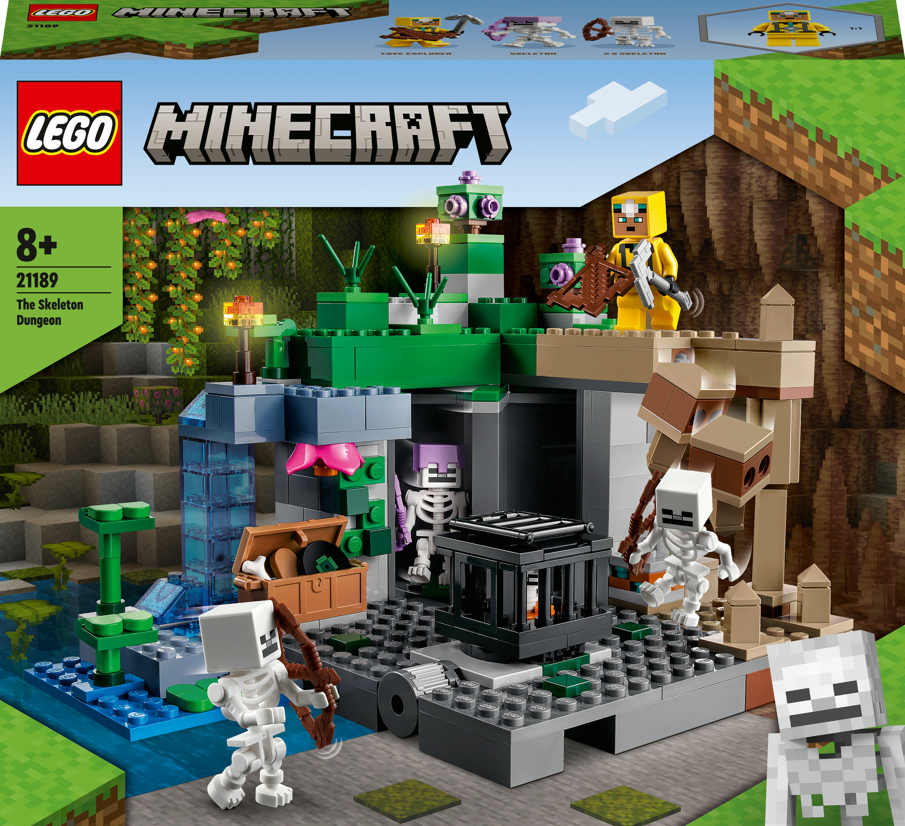 LEGO Minecraft Set mit einer Skelett-Dungeon-Szene. Enthält Skelette, Strukturen und ein Wasserelement.