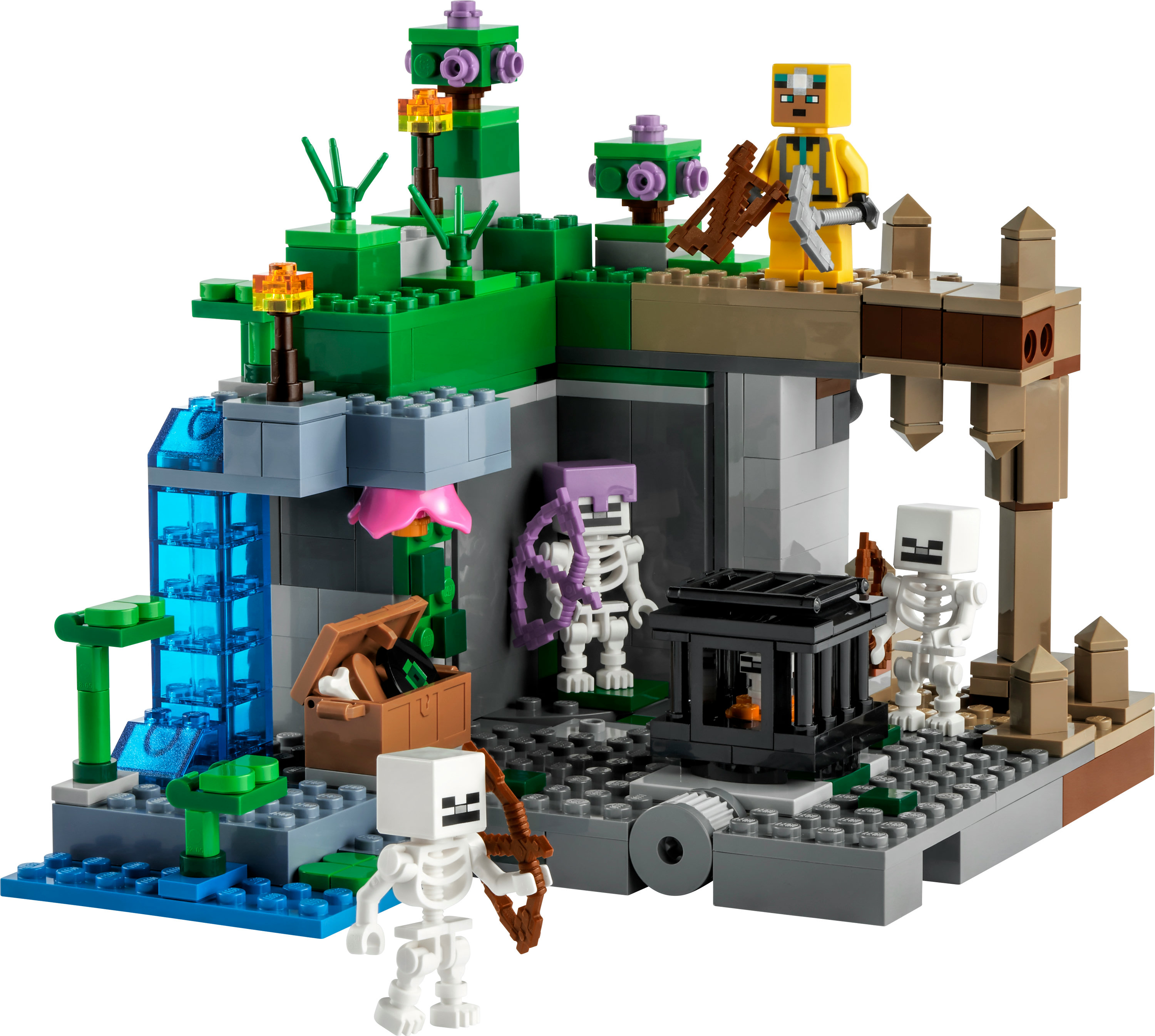 Lego Minecraft Set mit einer Höhle mit Skeletten und einem Wasserfall.