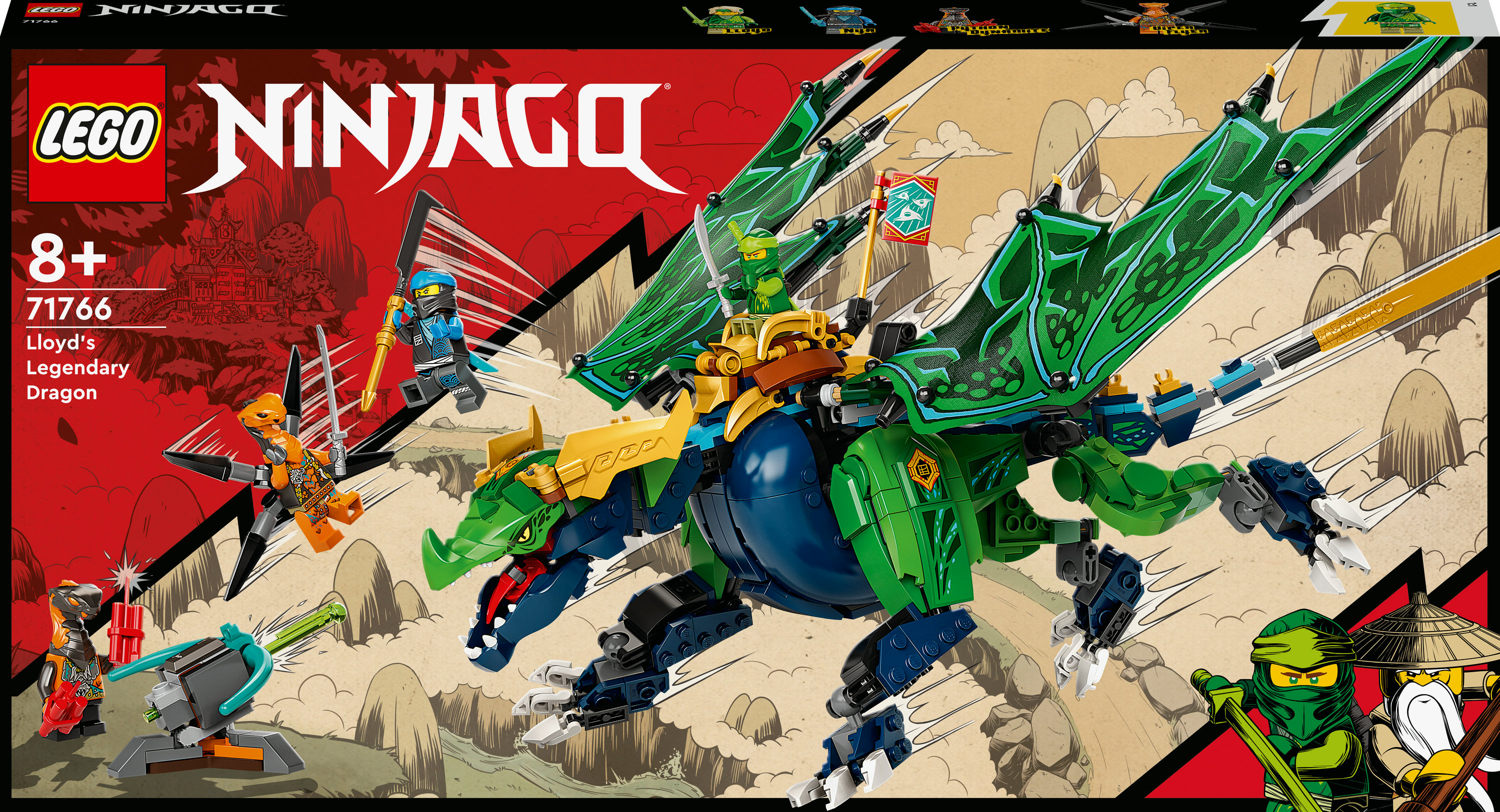 Set Lego Ninjago: Dragón legendario de Lloyd, con un dragón verde y minifiguras.
