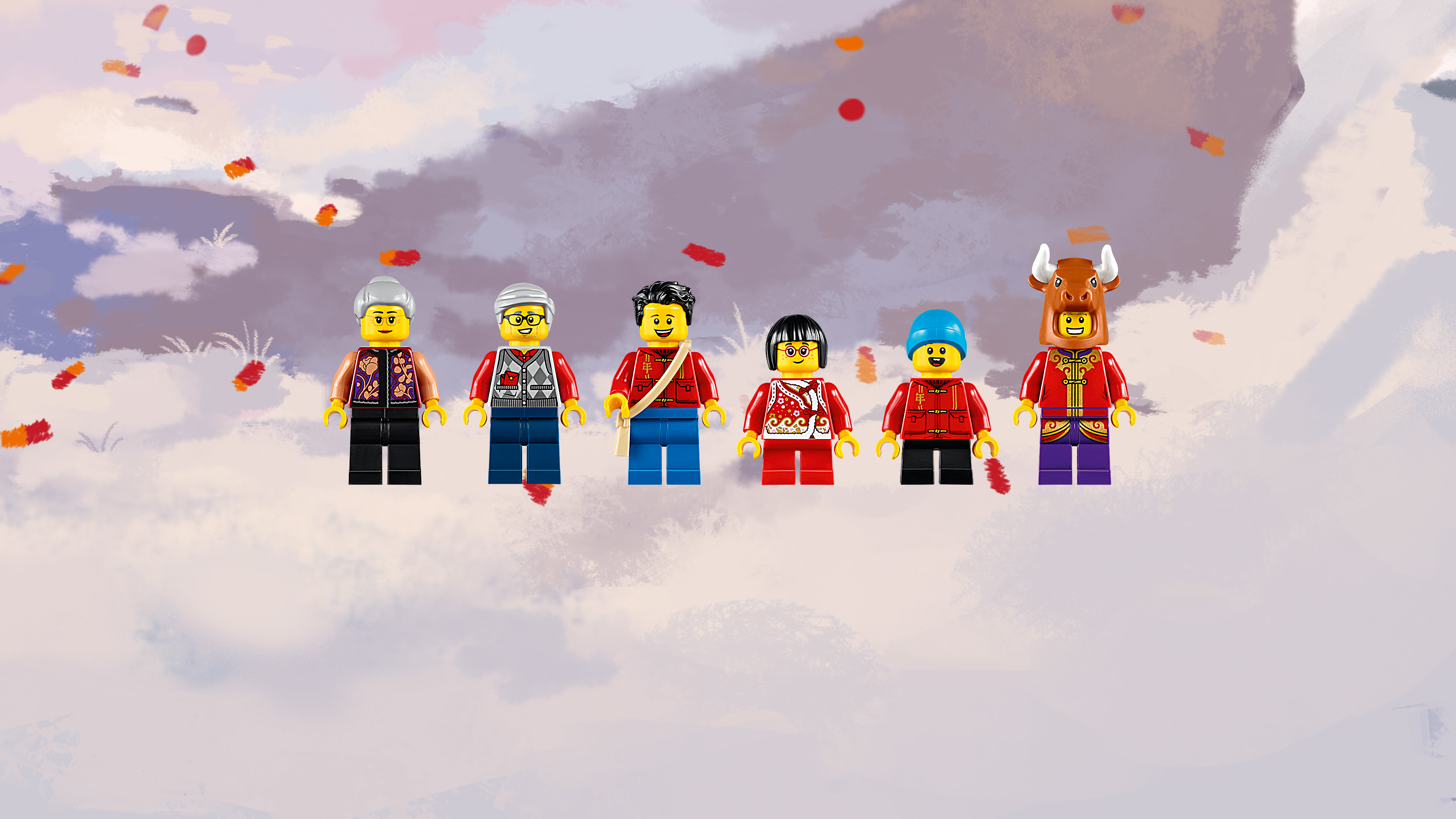 Geleneksel Çin kıyafetleri giymiş Lego figürleri, bulutlu bir arka plan üzerinde.