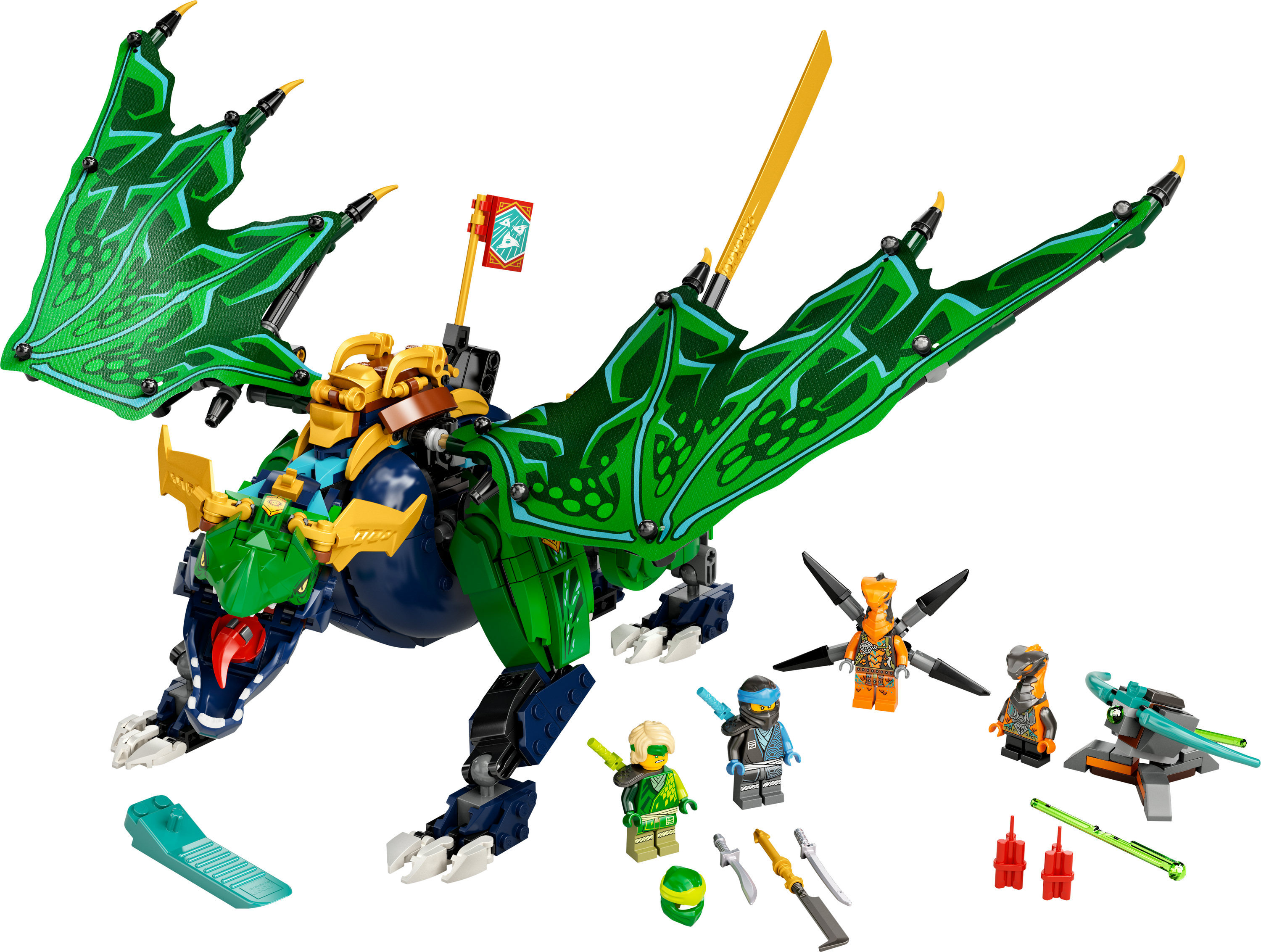 Un set de Lego de dragón verde con figuras y armas. El set está sobre fondo blanco.