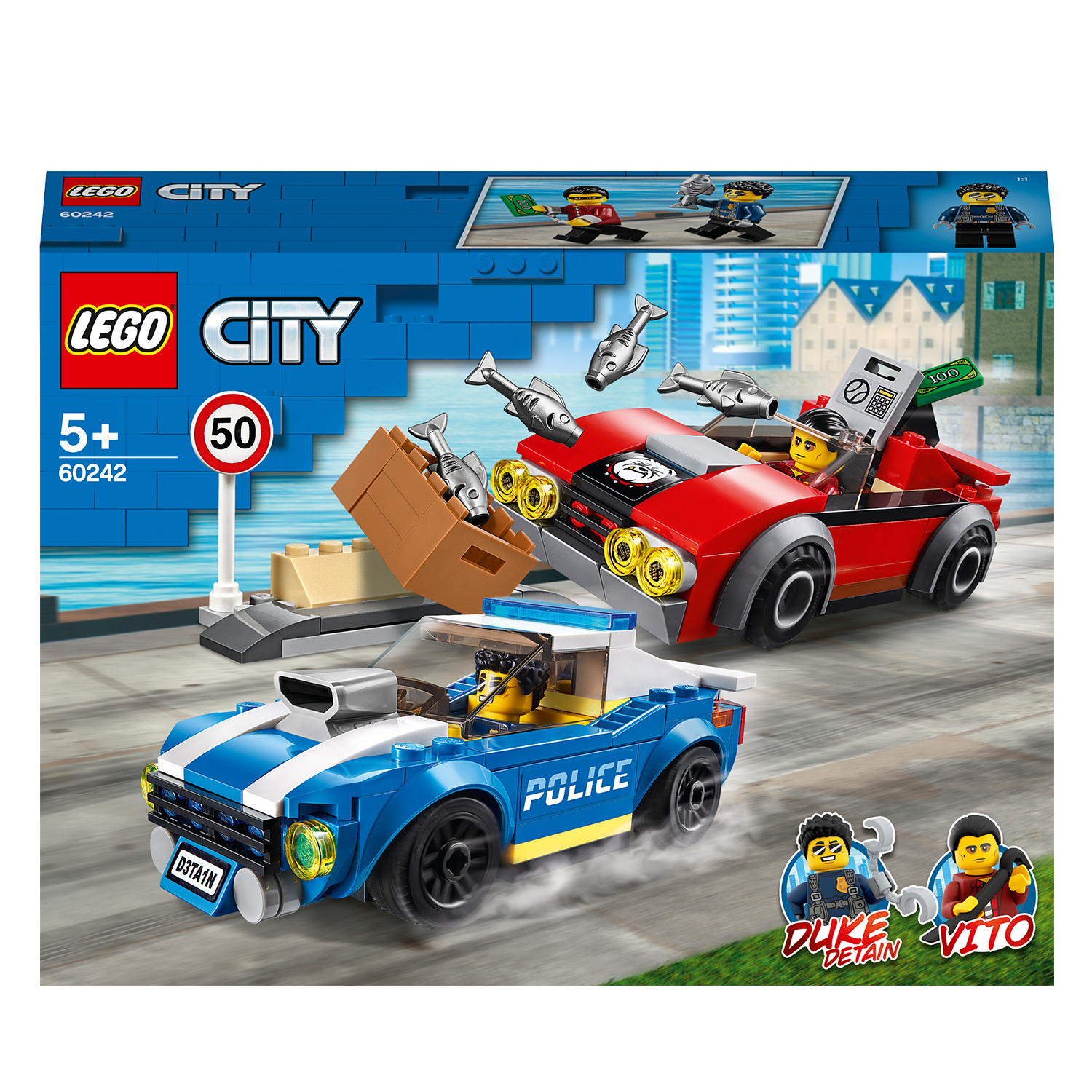 Lego City-set die een achtervolging uitbeeldt. Een politieauto achtervolgt een rode auto met geld.