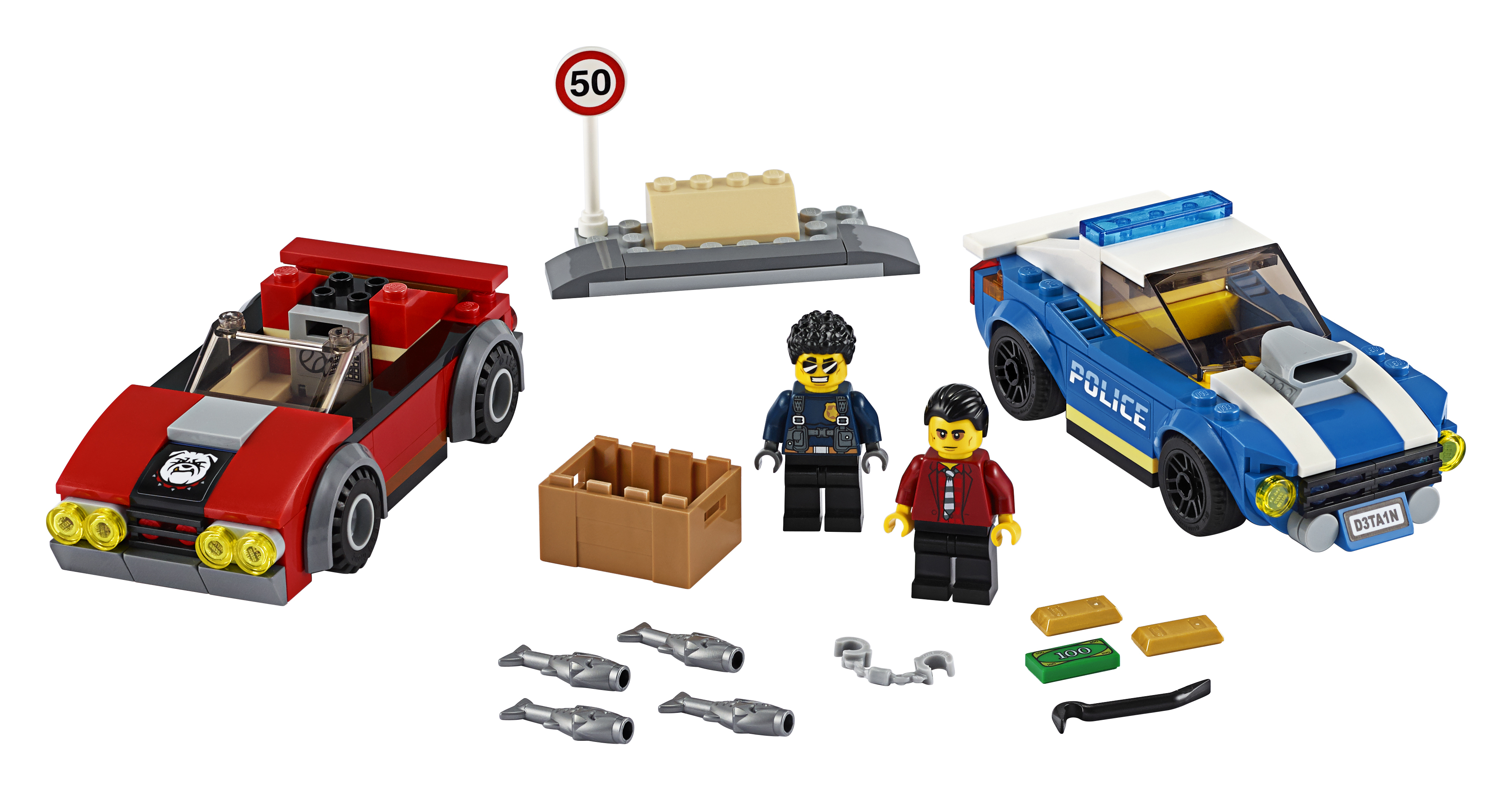 Lego City politie set met rode sportwagen, blauwe politieauto, figuren en accessoires.