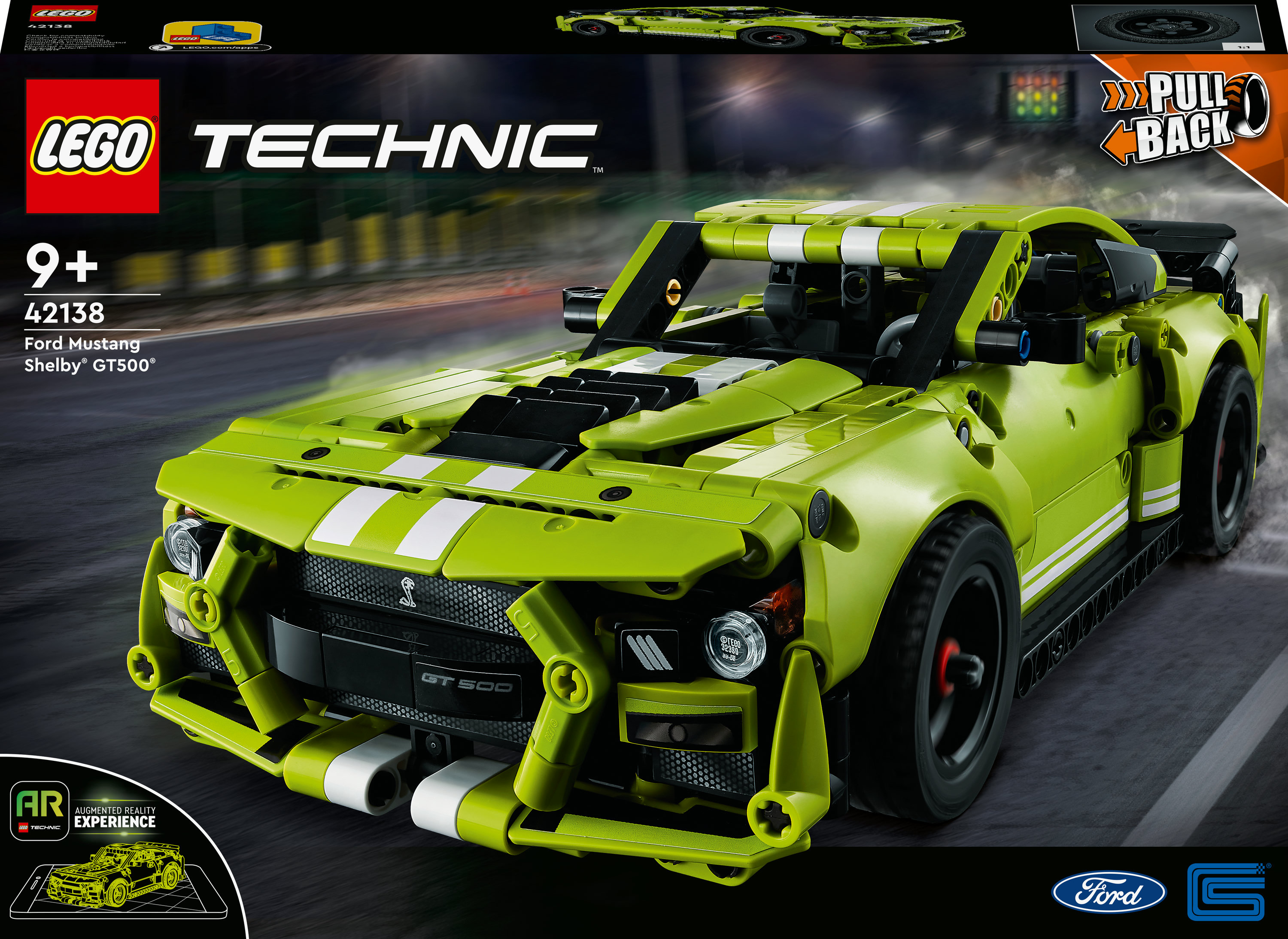Eine Lego Technic Ford Mustang Shelby GT500 Box. Das Auto ist grün und schwarz. Die Box hat ein AR-Logo.