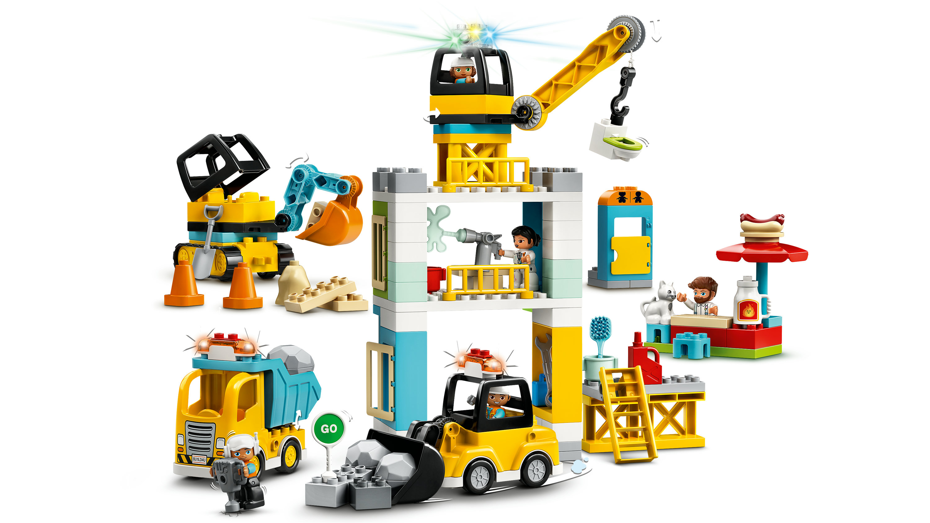 Zestaw konstrukcyjny Lego Duplo. Zawiera dźwig, pojazdy i robotników budowlanych.