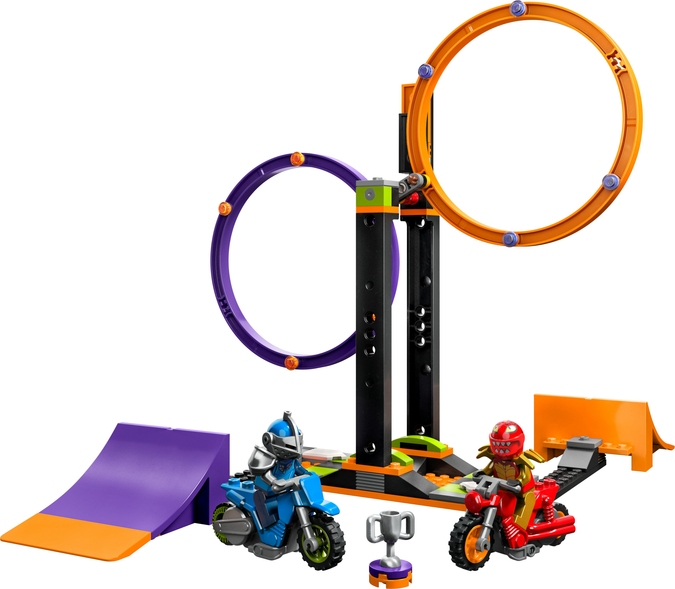 Set de acrobacias Lego con motos y rampa. Diseño naranja y morado. Dos bucles.