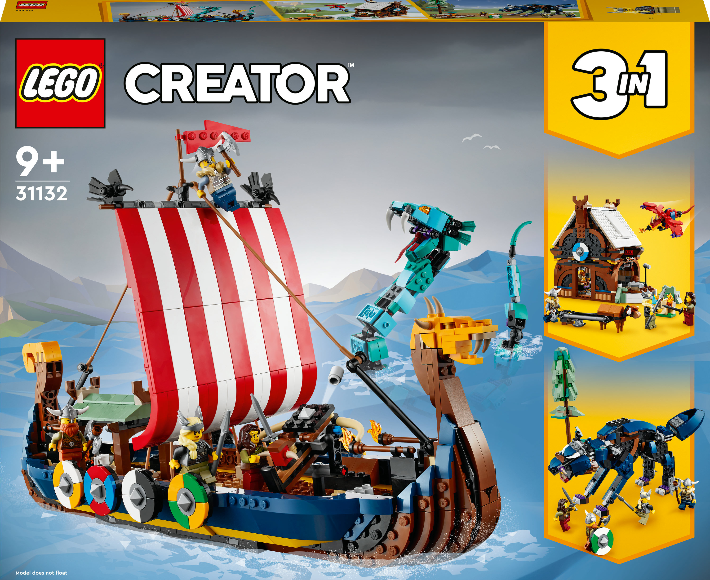 LEGO Creator Viking schip set box art toont een langschip en drie builds.