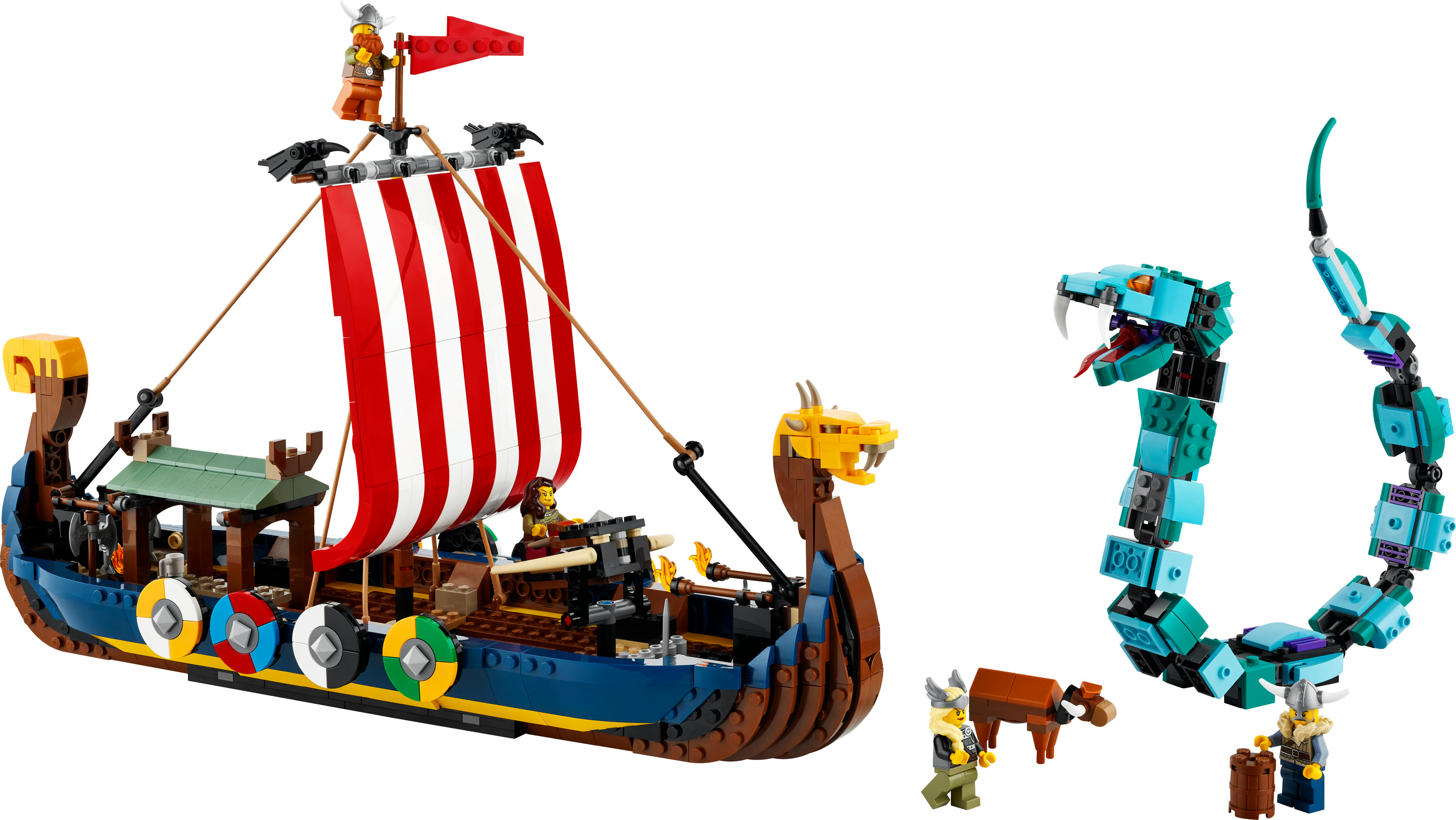 Lego Vikingschip met zeilen en een slang. Inclusief Vikingfiguren en een slangenfiguur op een witte achtergrond.