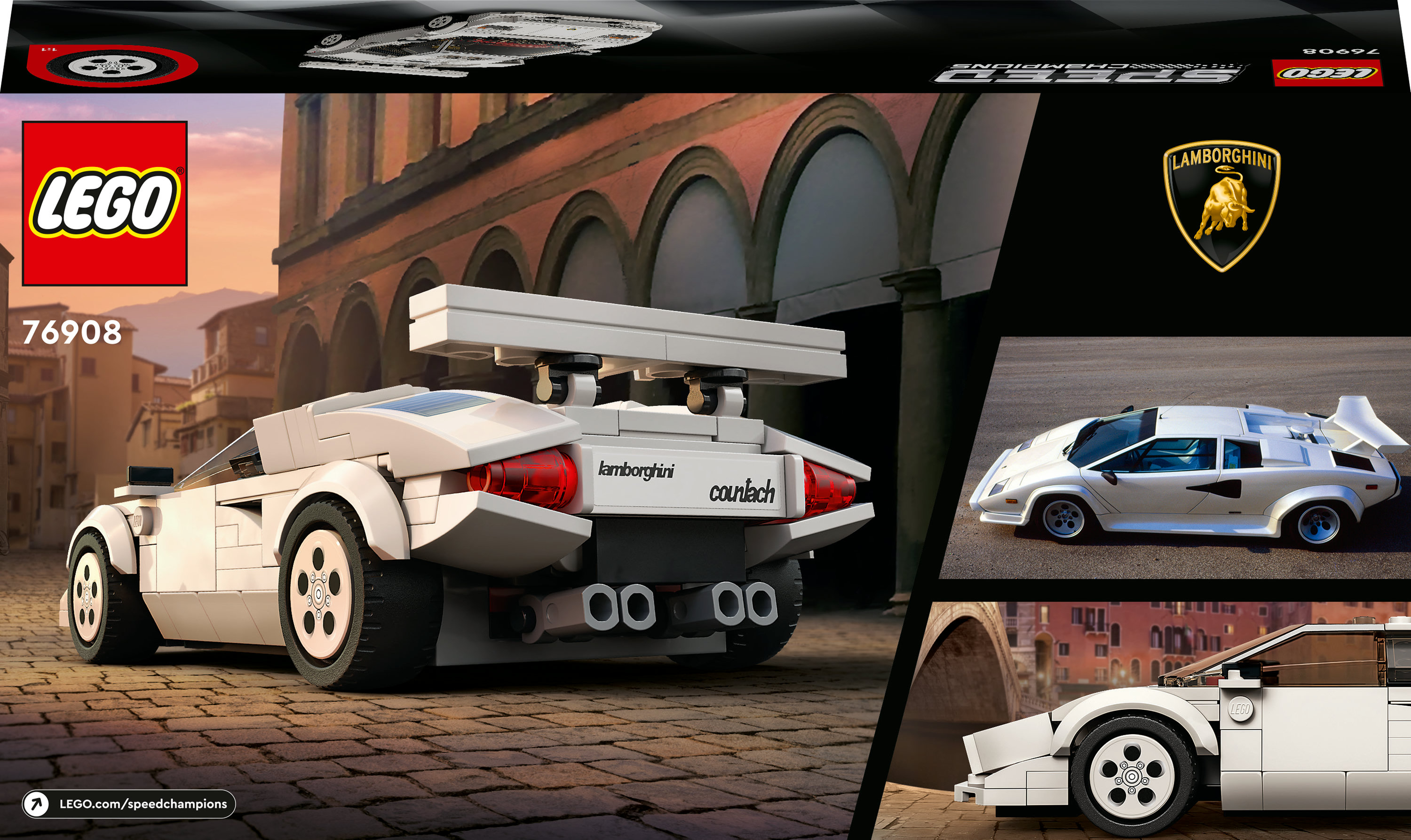 LEGO Speed Champions Lamborghini Countach Set mit weißem Auto und Stadtkulisse.