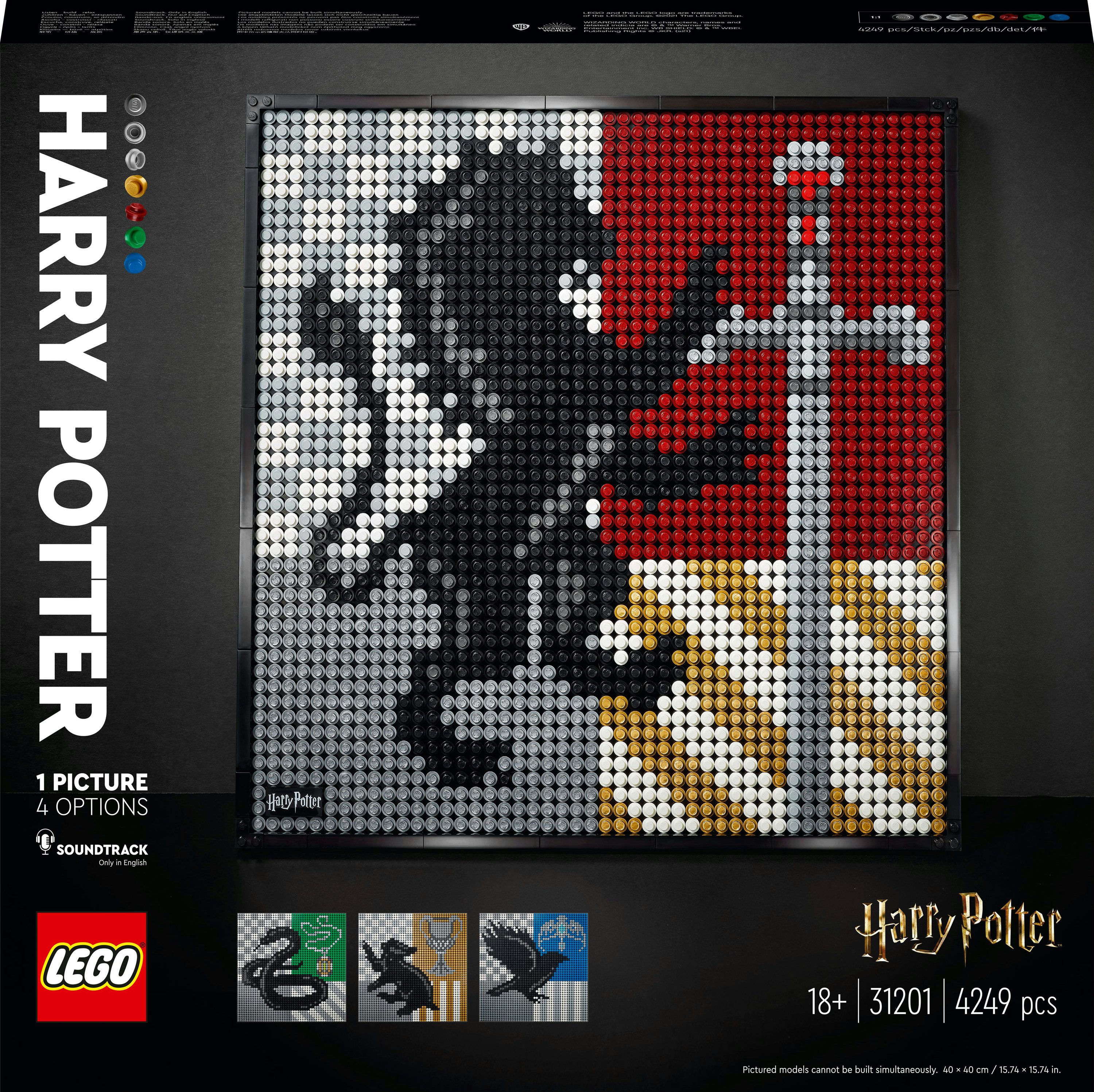 Lego Harry Potter set: a large mosaic of Harry Potter symbols, with different color blocks.