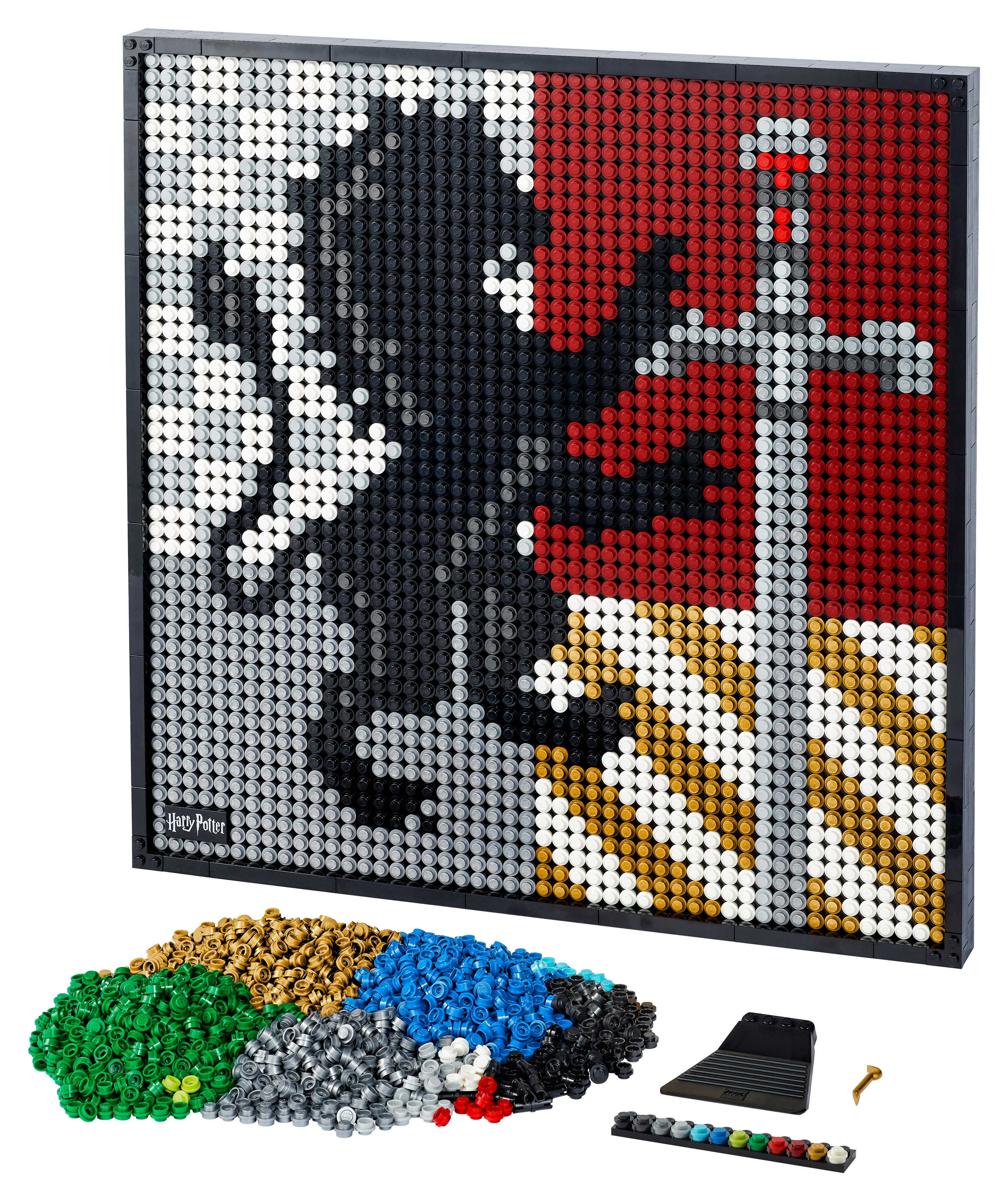 Lego art piece with Harry Potter theme. Includes colored bricks and a black frame.