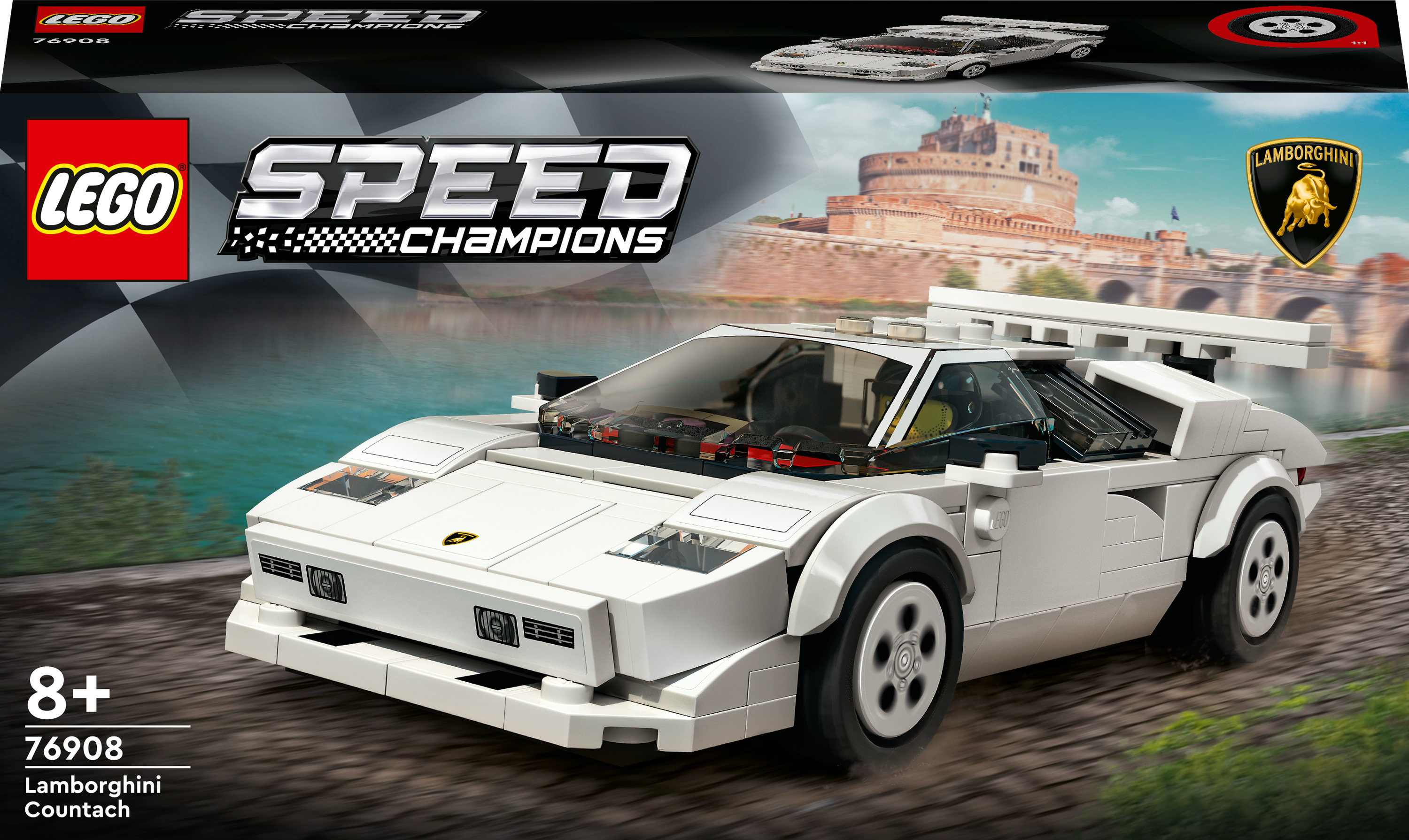 Lego Speed Champions Set-Box, die ein weißes Lamborghini Countach Automodell mit Stadt- und Seehintergrund zeigt.