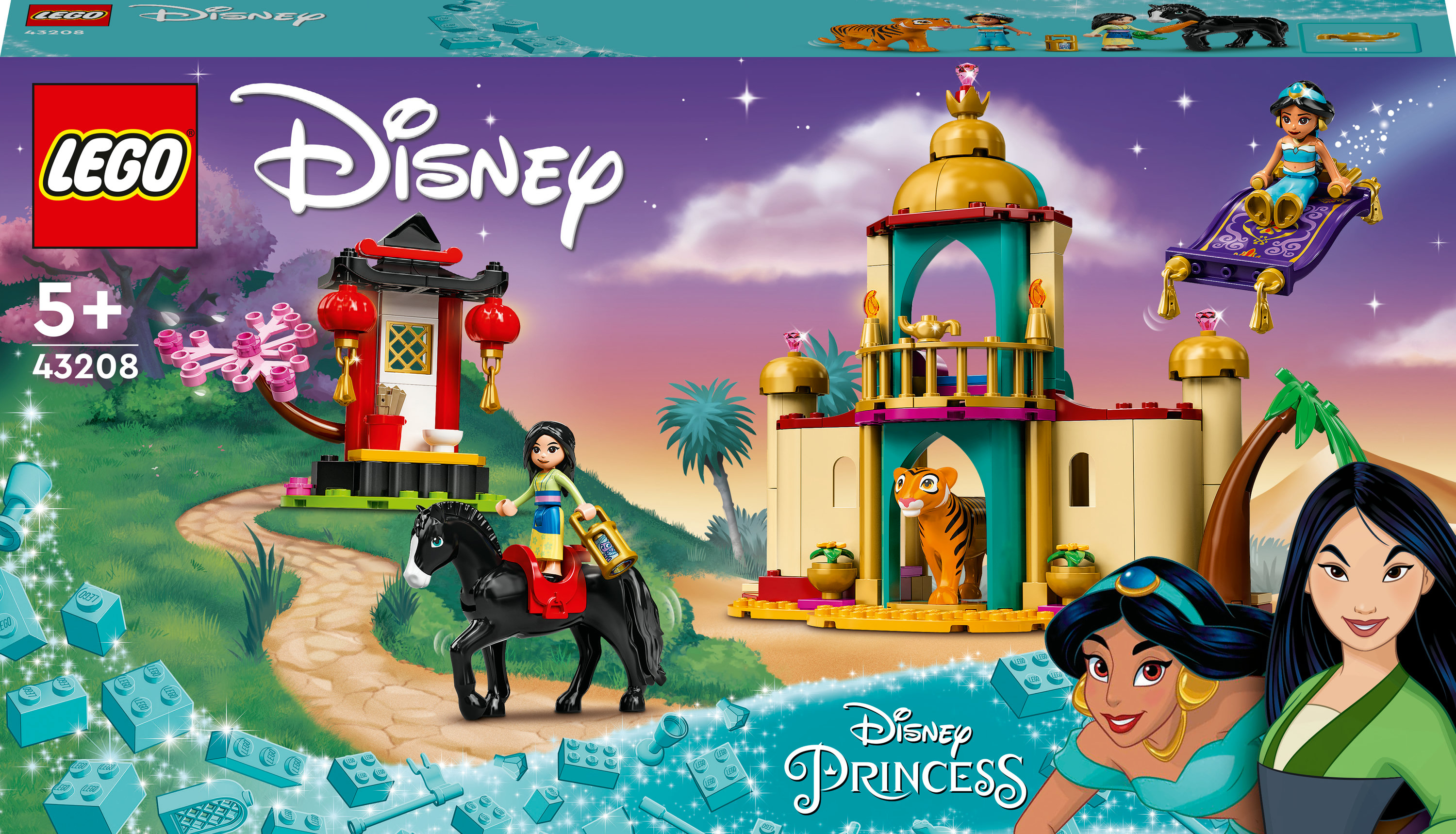 Set LEGO Disney con un palazzo, personaggi e un tappeto magico.