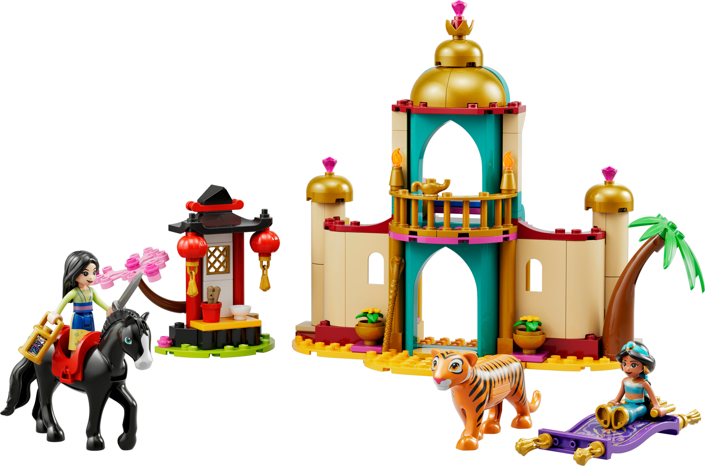 Un set Lego raffigura una scena di palazzo con personaggi: Jasmine su un tappeto, Mulan a cavallo e una tigre.
