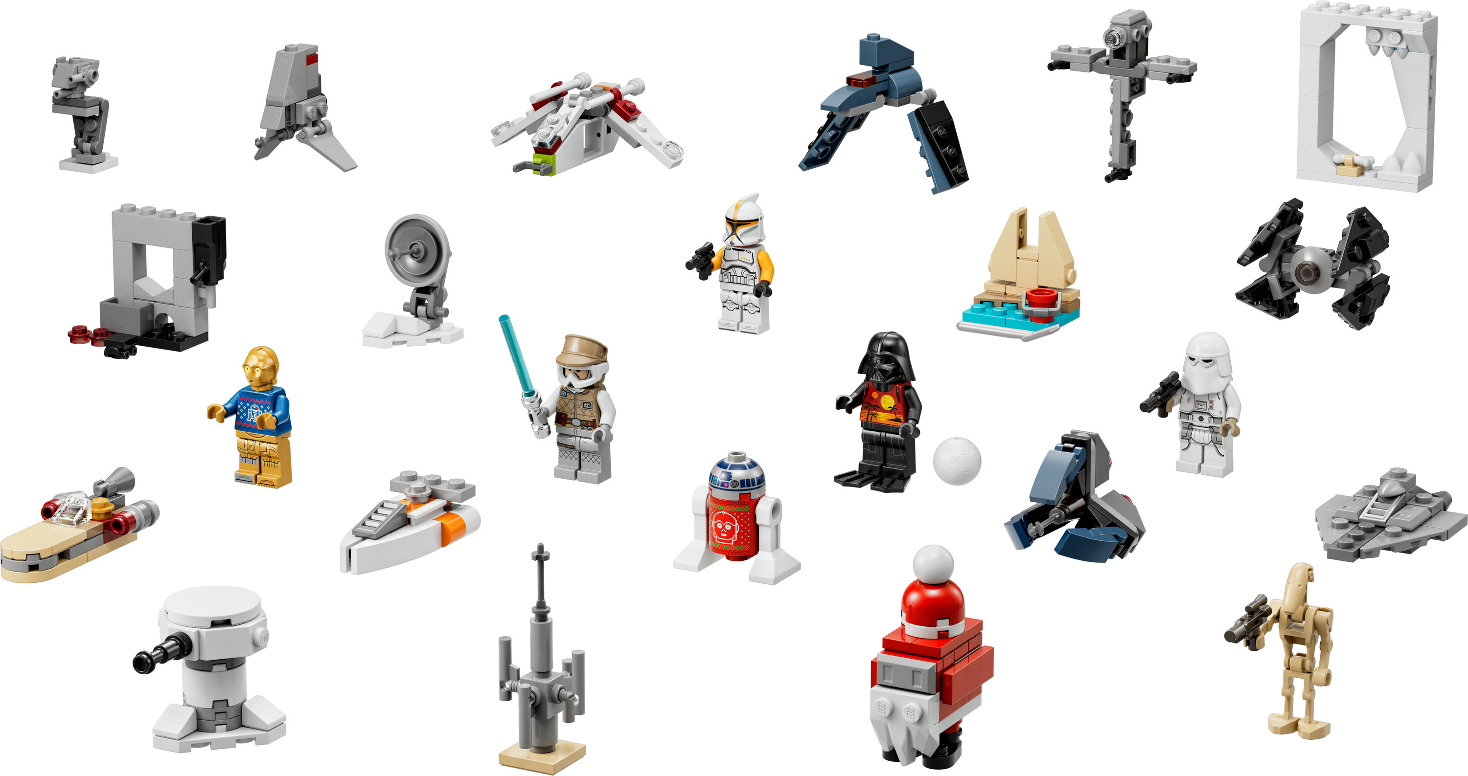 Beyaz bir arka plan üzerinde düzenlenmiş küçük Lego Star Wars figürleri ve modellerinin bir koleksiyonu.