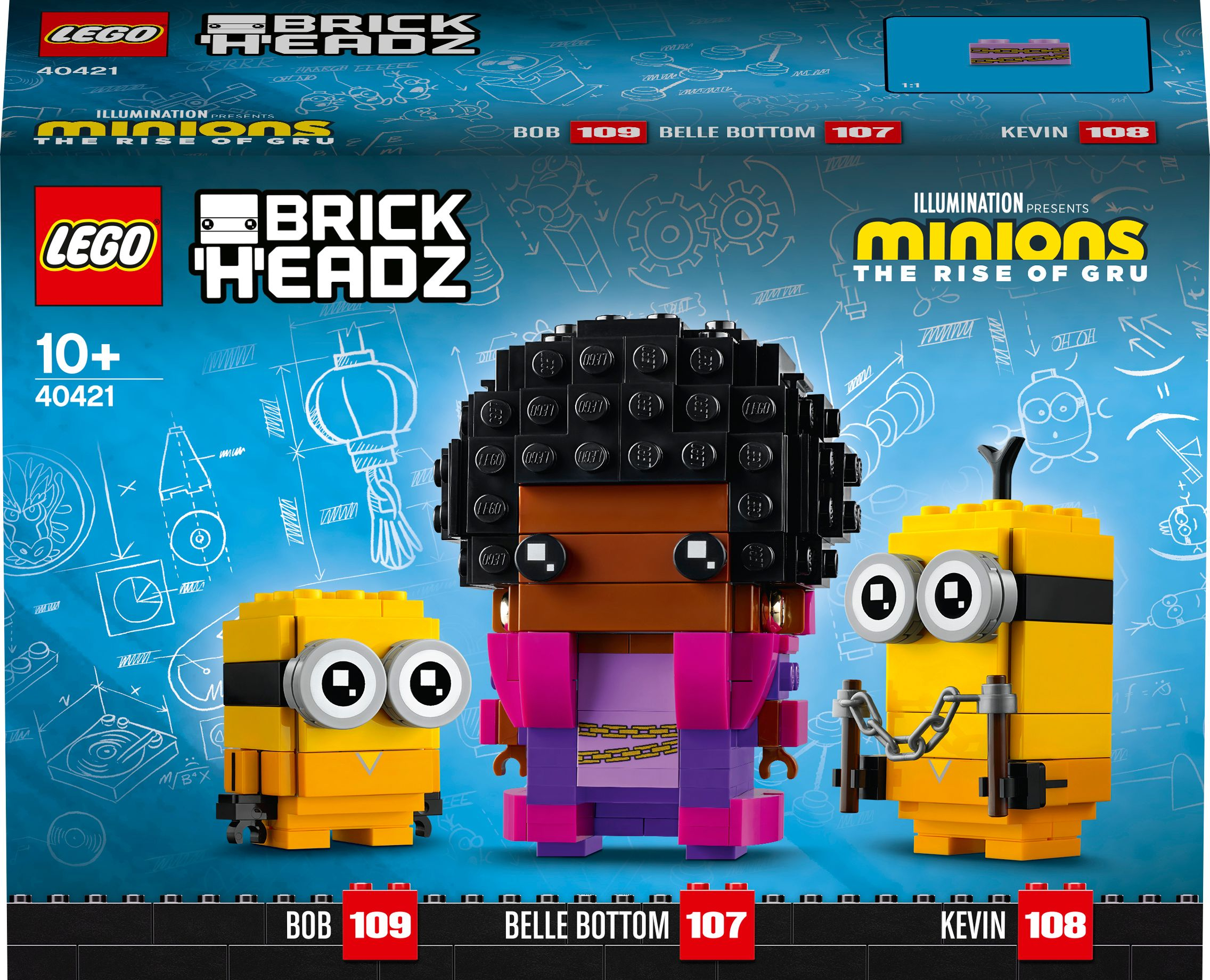 Lego Minions Set. Enthält drei Minion-Figuren und Belle Bottom. Verpackt in einer farbenfrohen Box.