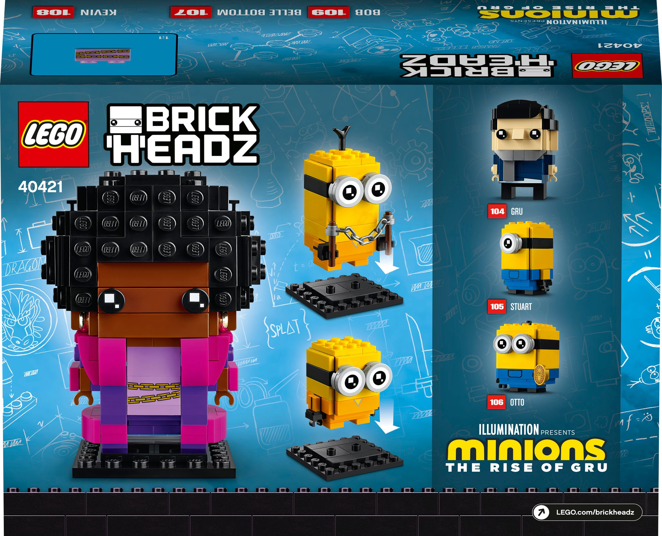 LEGO BrickHeadz Set mit Minions-Charakteren, darunter Kevin, Stuart und Otto, auf blauem Hintergrund.