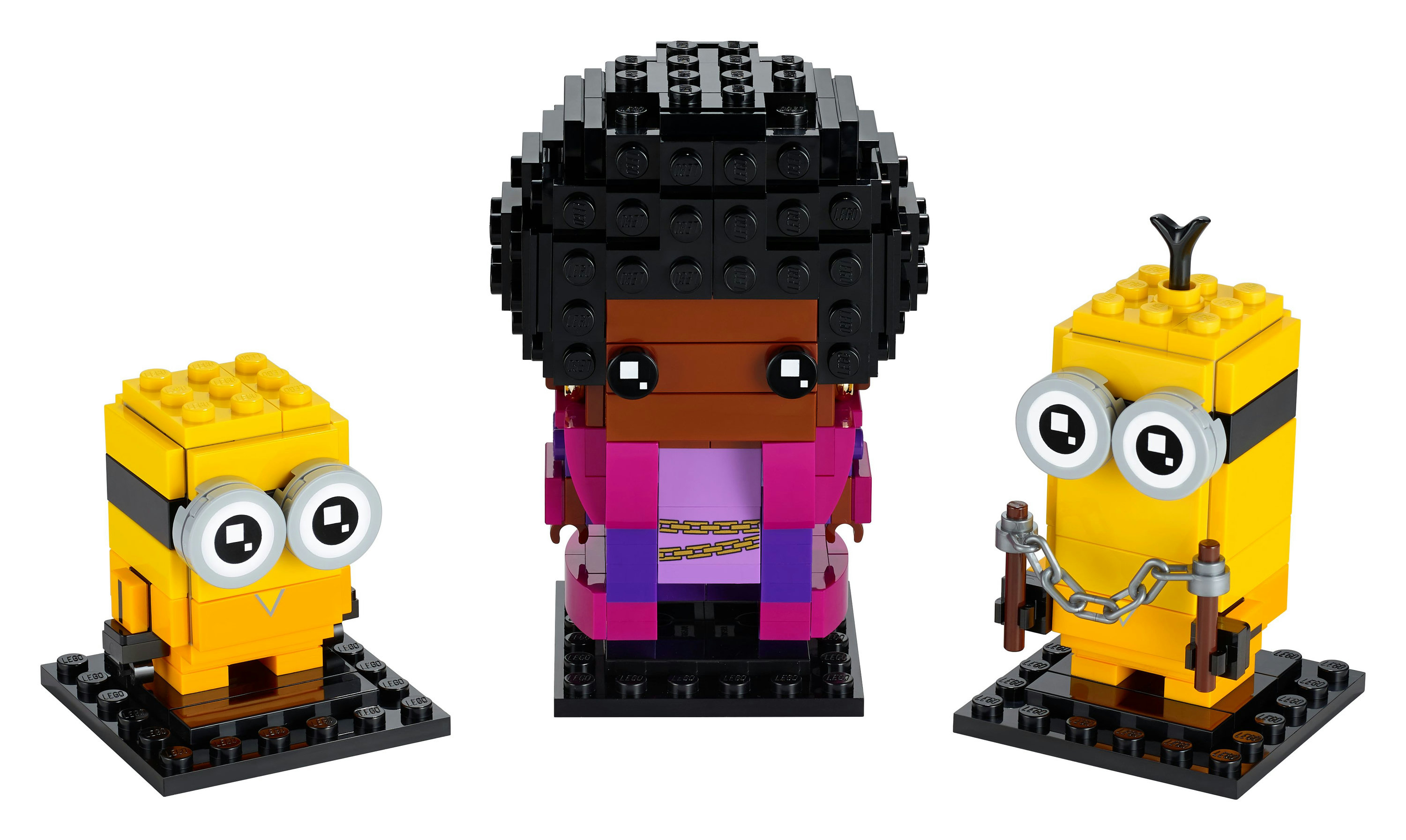 Lego BrickHeadz Minions Set. Enthält drei Minion-Figuren und eine Figur einer Frau mit Afro.