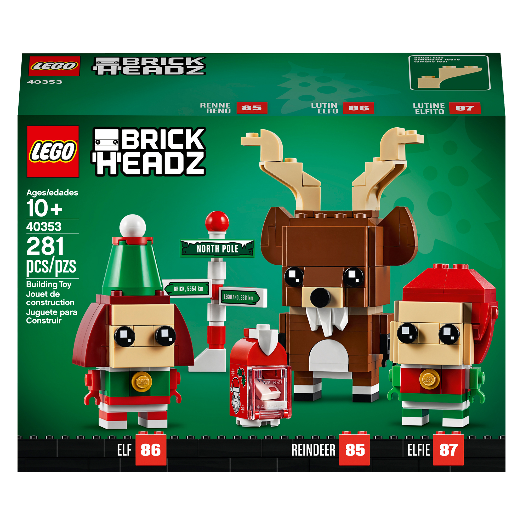 Ein Lego Brickheadz-Box-Set mit Elfen-, Rentier- und Elfie-Figuren mit einem Nordpol-Schild.
