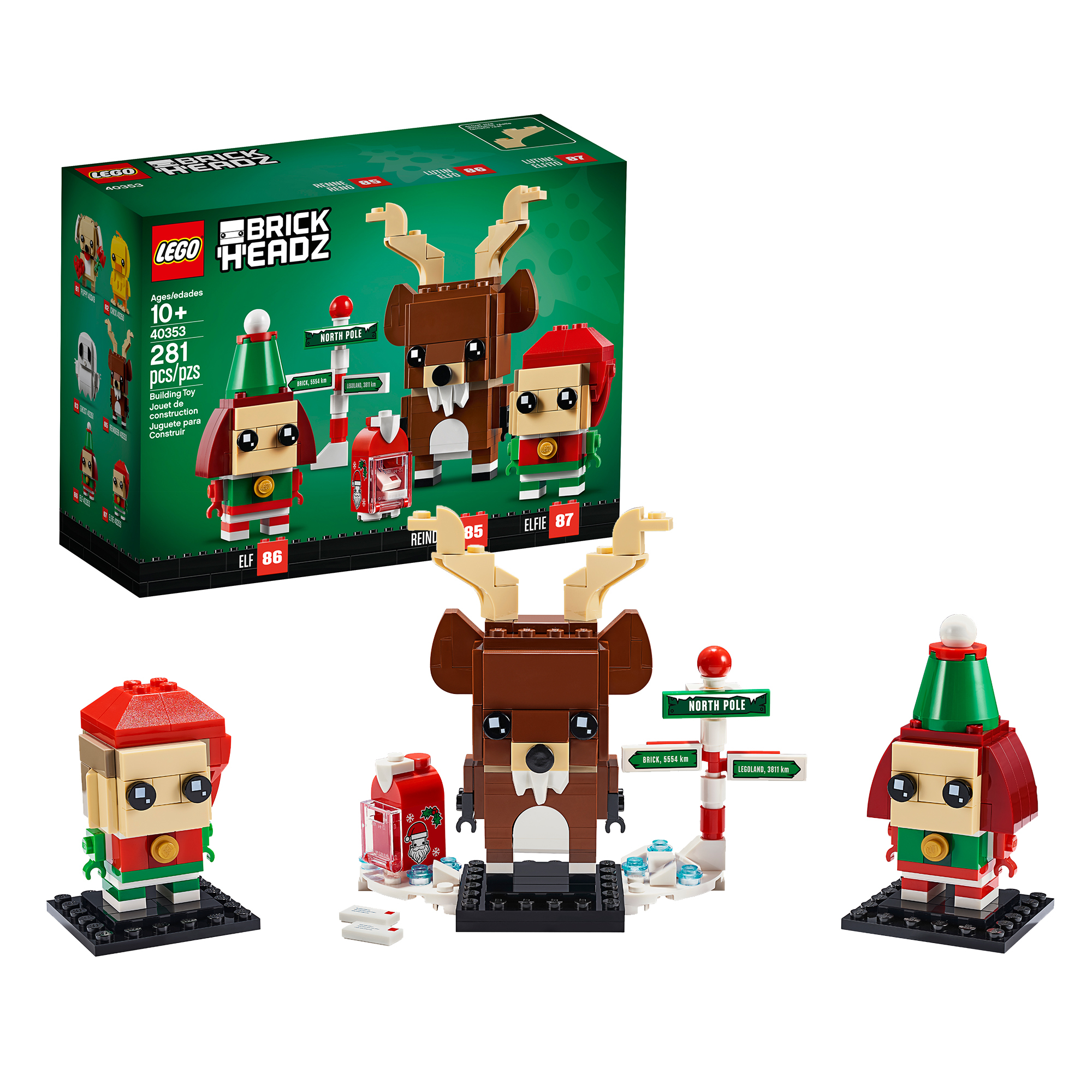 Ein Lego BrickHeadz Set mit einem Elf, einem Rentier und einem Nordpol-Schild. Die Box ist sichtbar.