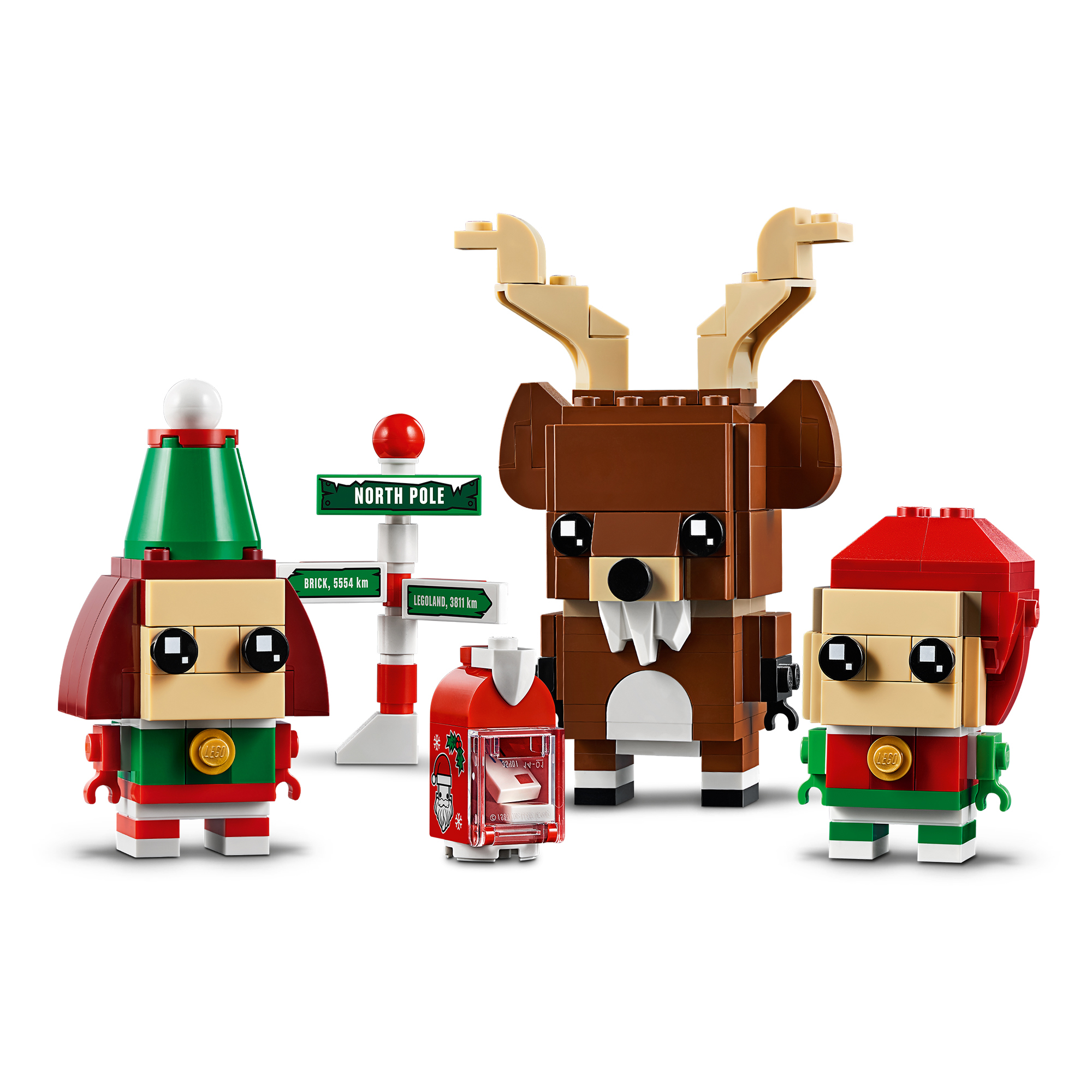 Ein LEGO Set mit Elfen- und Rentierfiguren. Eine weihnachtliche Szene.