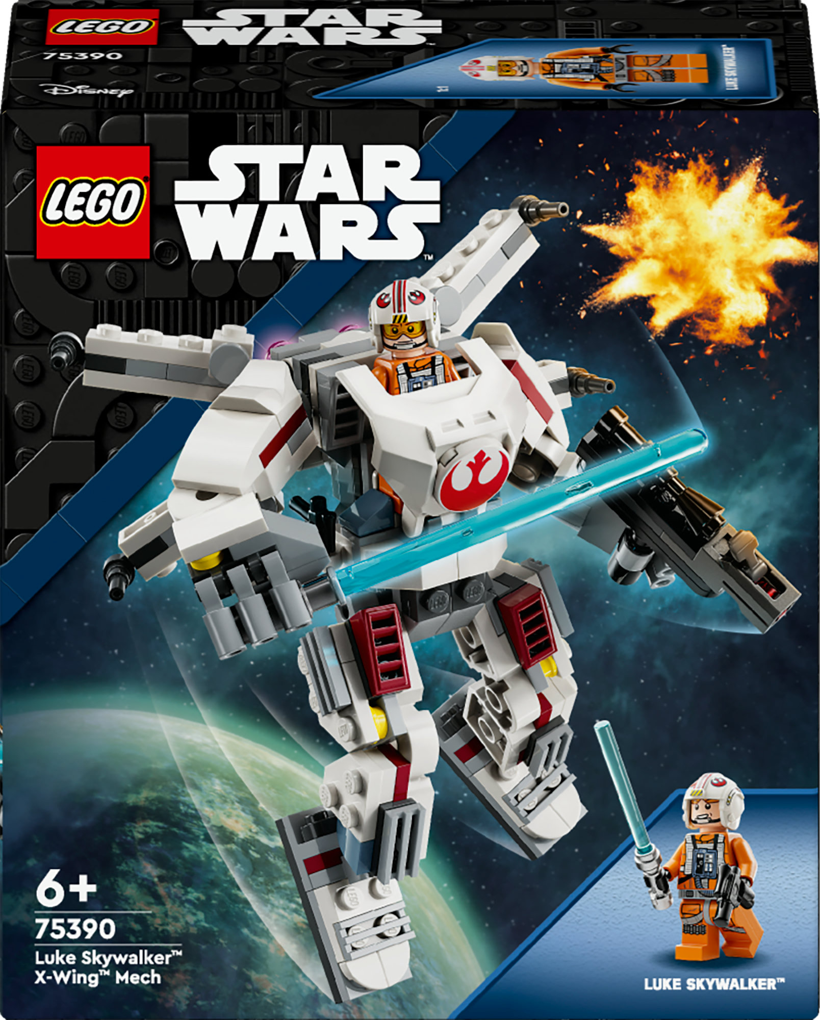Un LEGO Star Wars X-Wing Mech, una figura robótica en una caja con una minifigura de piloto X-Wing.
