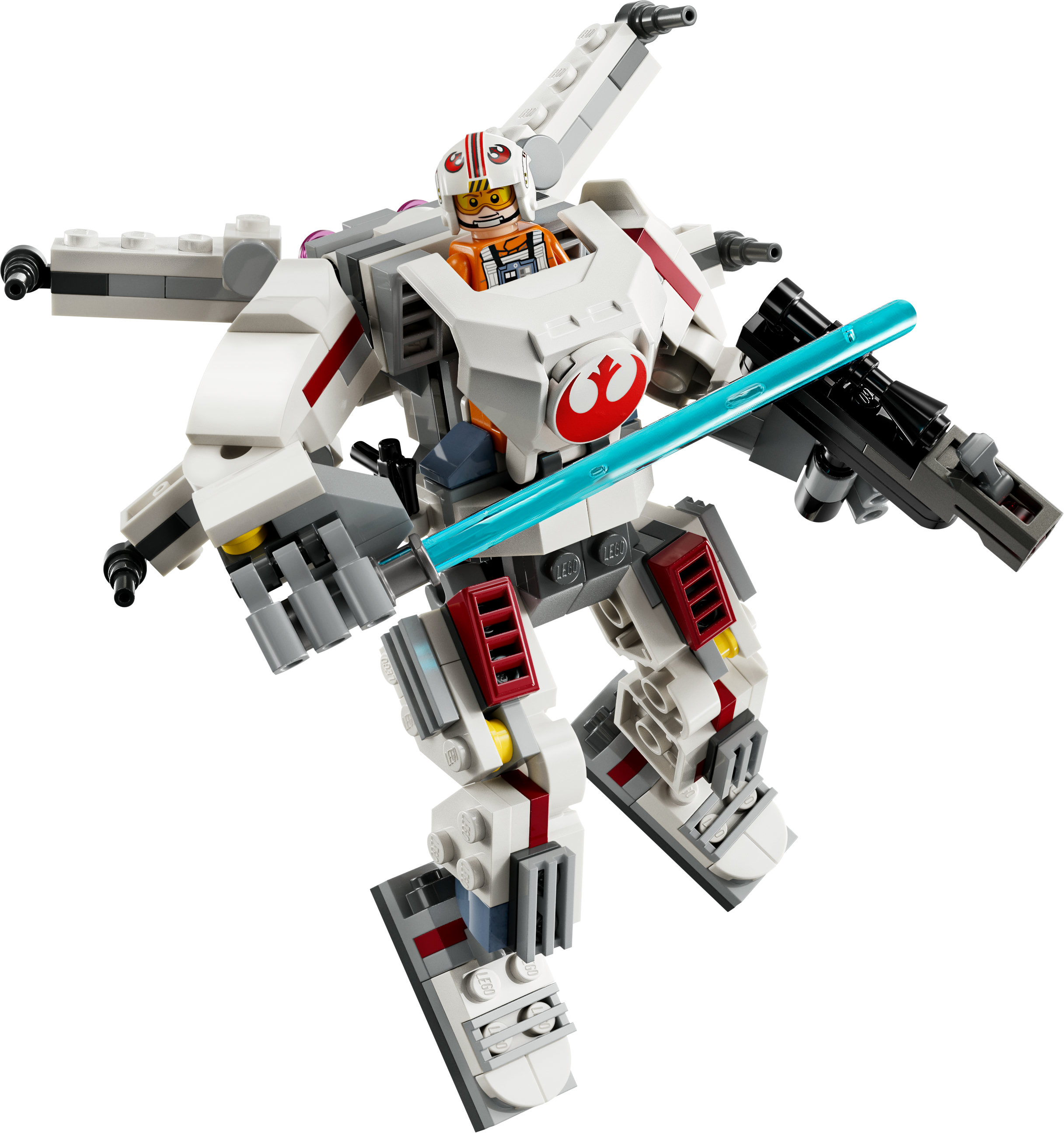 Lego Star Wars mech. Robot blanco y gris. El piloto está en la cabina. Sosteniendo un sable de luz azul.