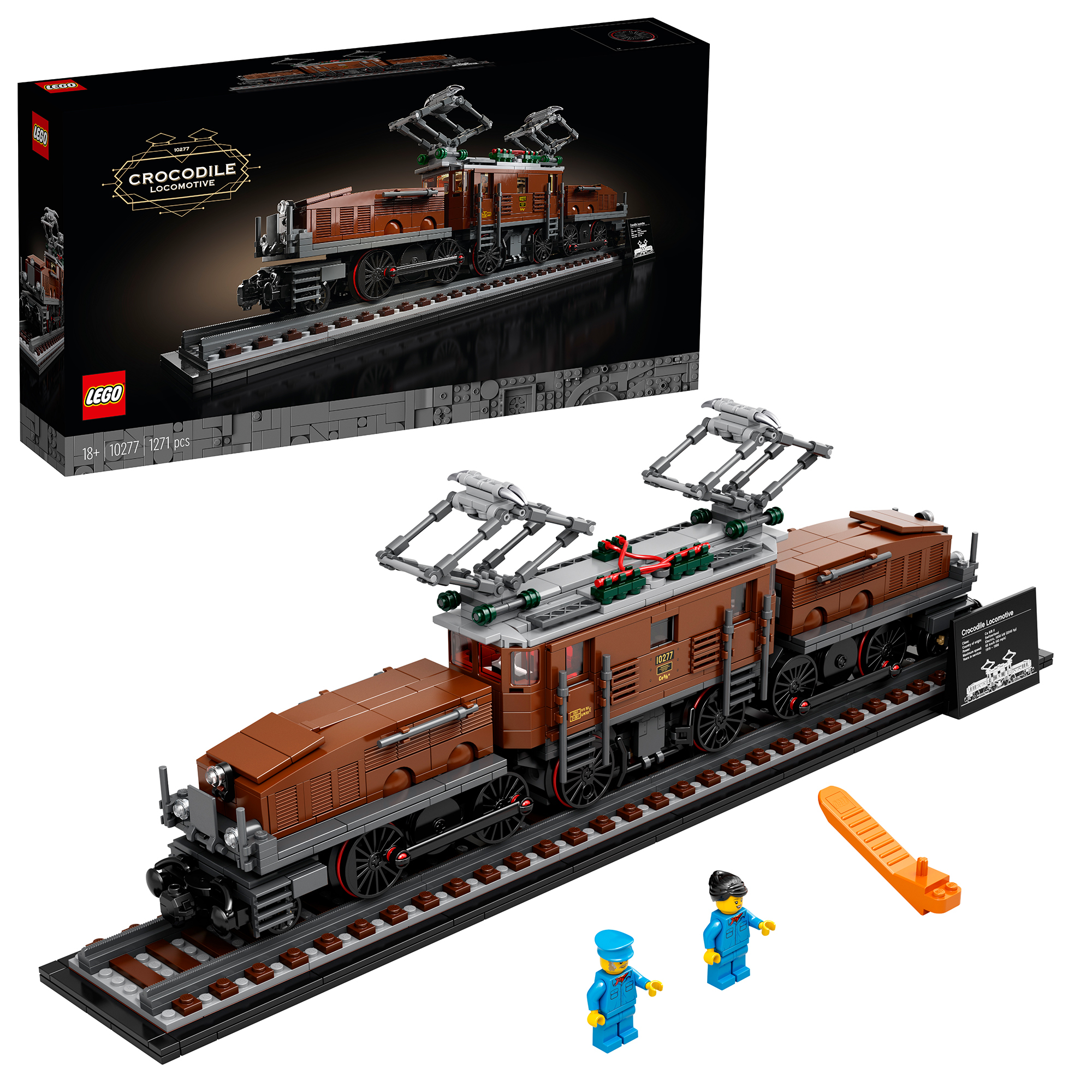 Lego Crocodile Locomotive set met doos en figuren. Bruine en zwarte details.