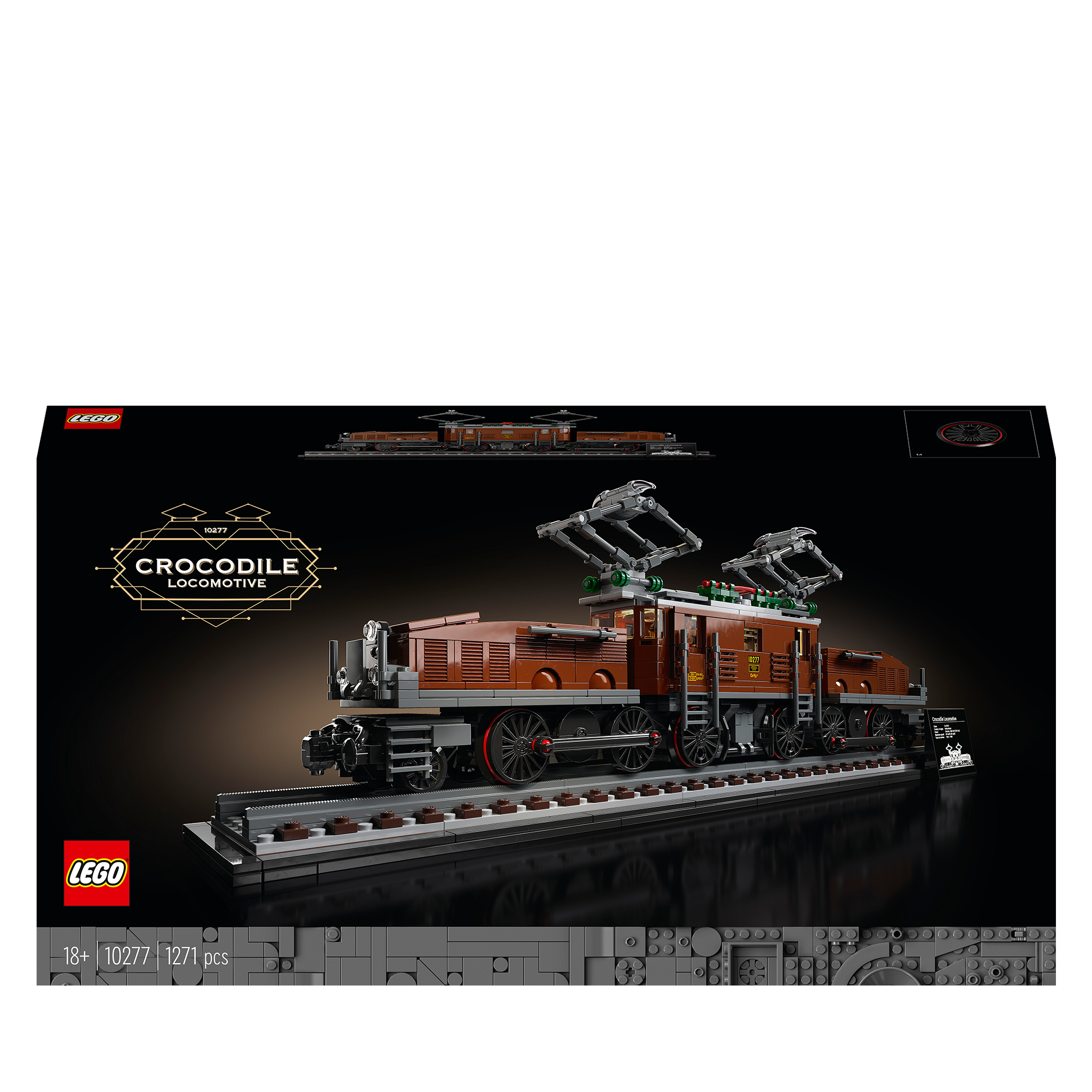 Een LEGO Crocodile Locomotive setdoos. De trein is bruin, grijs en zwart, op een donkere achtergrond.