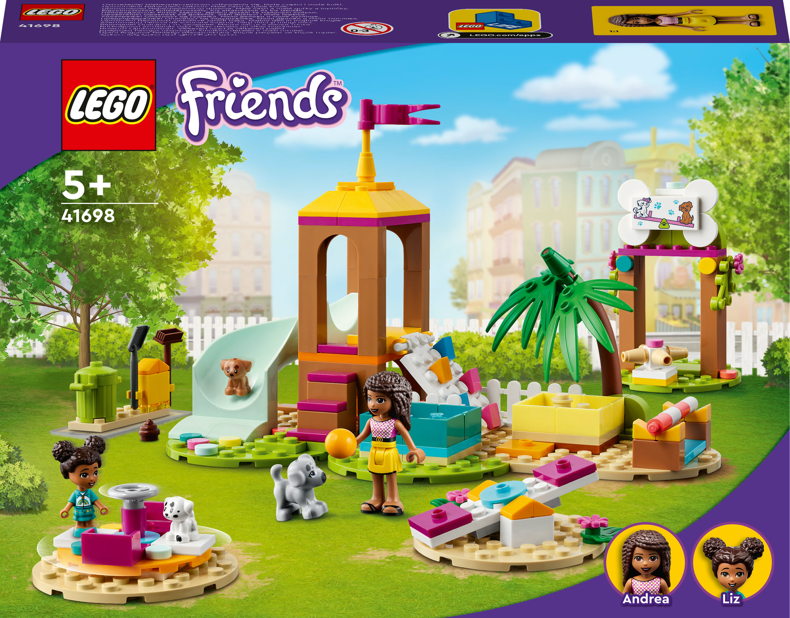 Ein Lego Friends Set mit einer Spielplatzszene und Figuren.